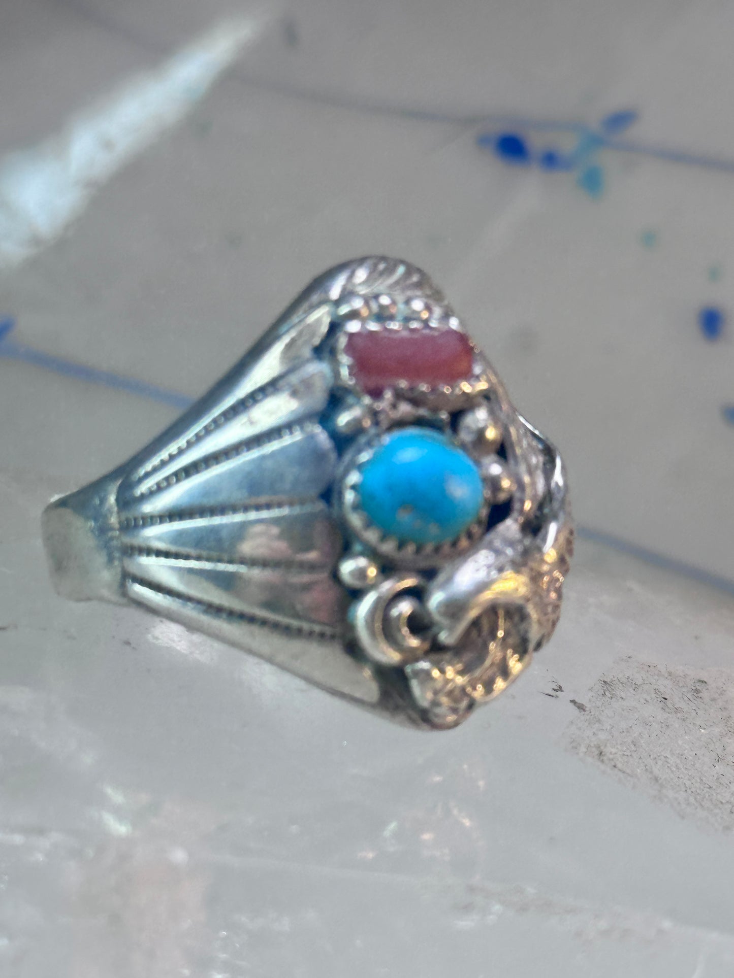 Eagle ring southwest turquoise coral southwest sterling silver size 11.75 women men