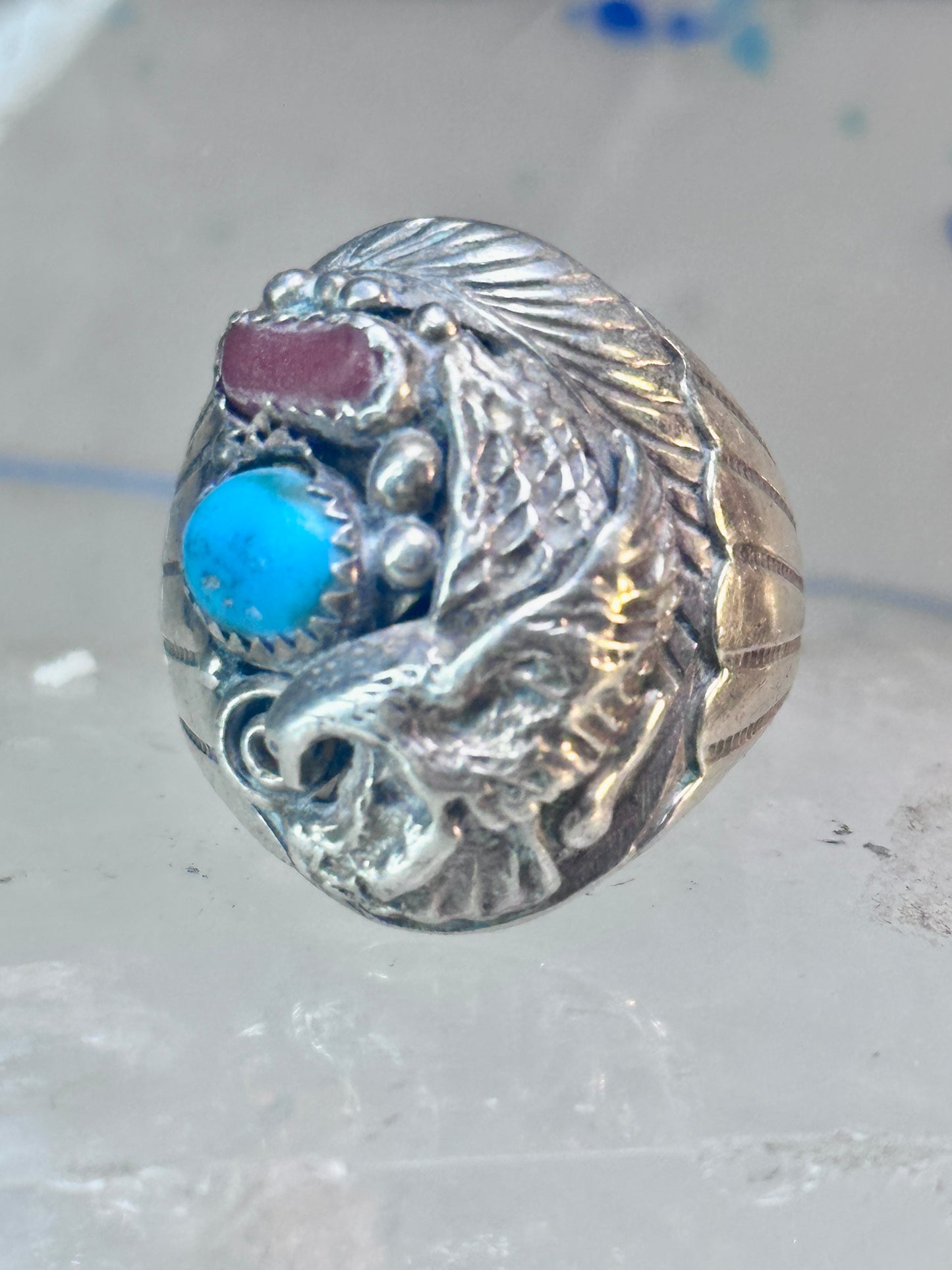 Eagle ring southwest turquoise coral southwest sterling silver size 11.75 women men