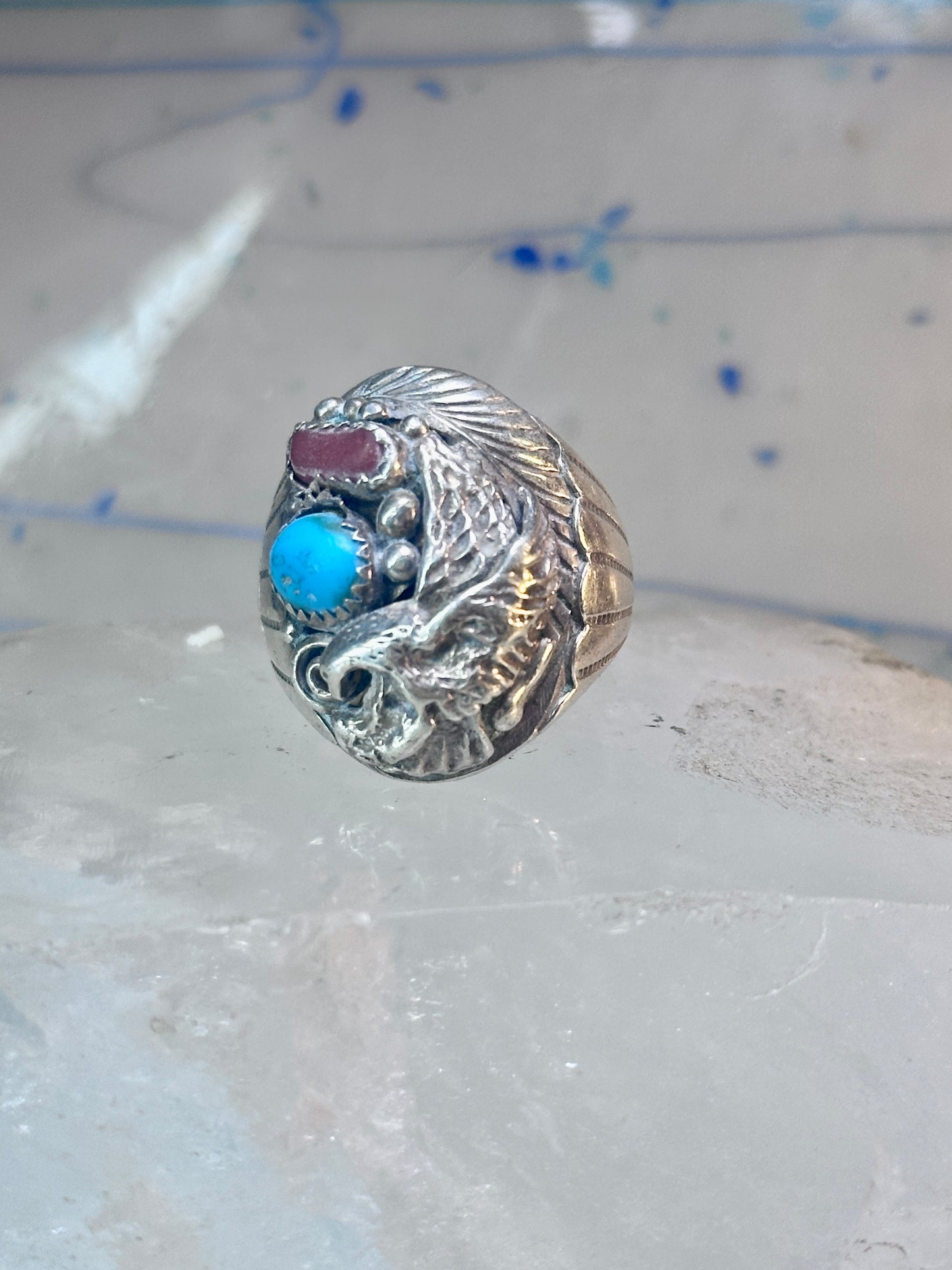 Eagle ring southwest turquoise coral southwest sterling silver size 11.75 women men