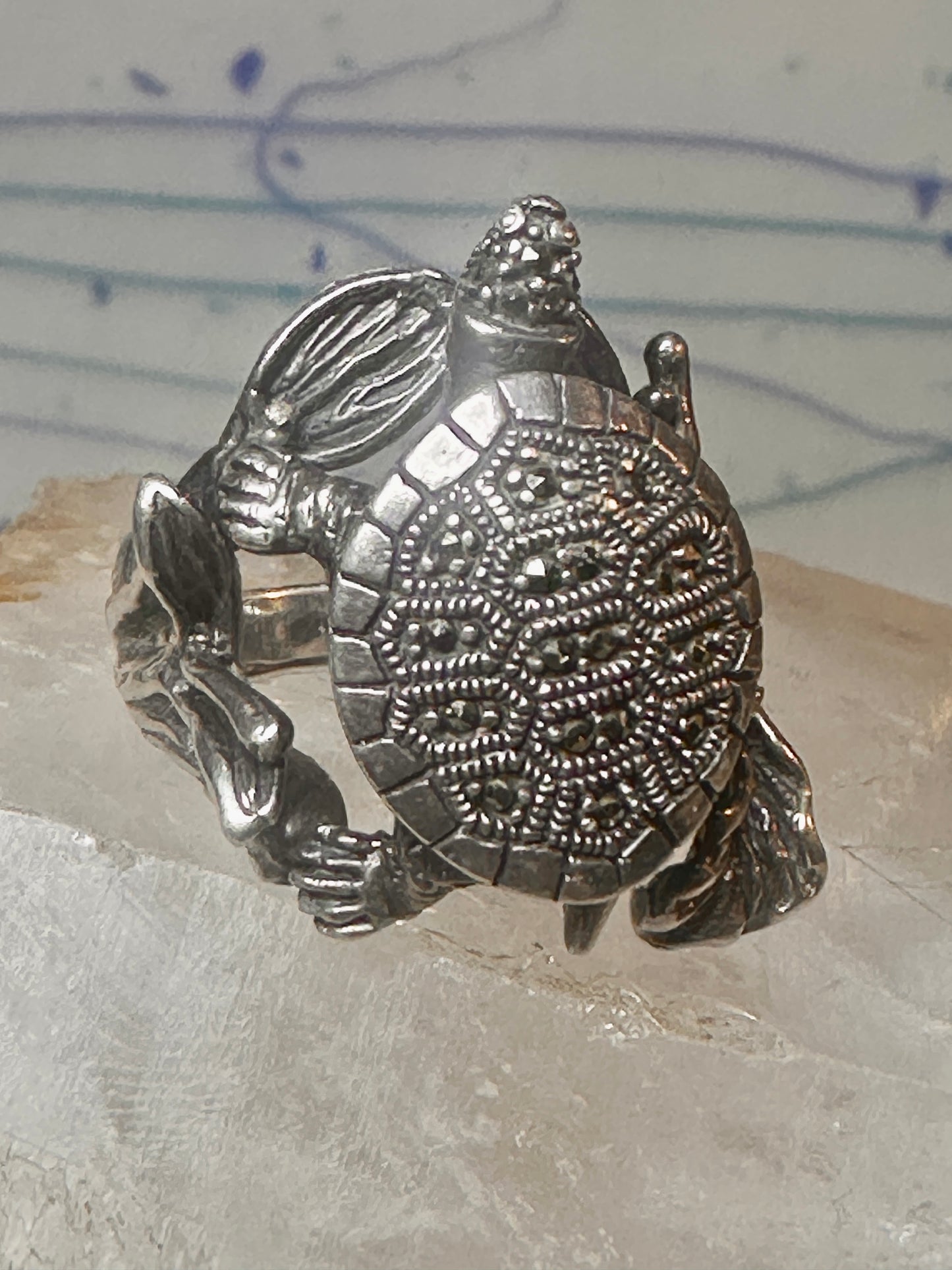 Turtle ring marcasites band size 7.25 sterling silver women