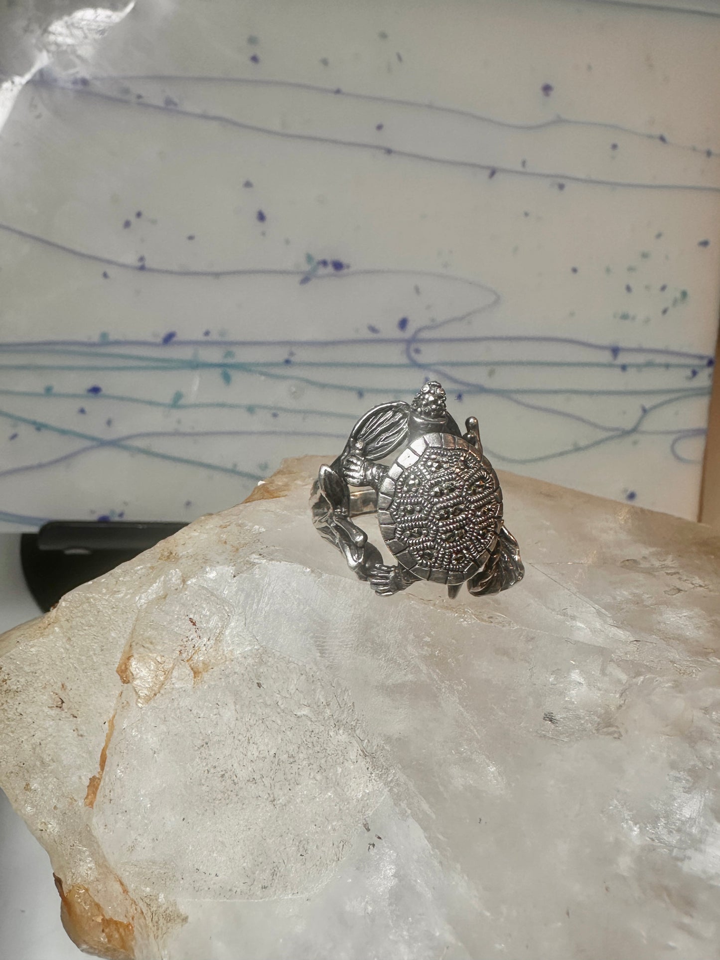 Turtle ring marcasites band size 7.25 sterling silver women
