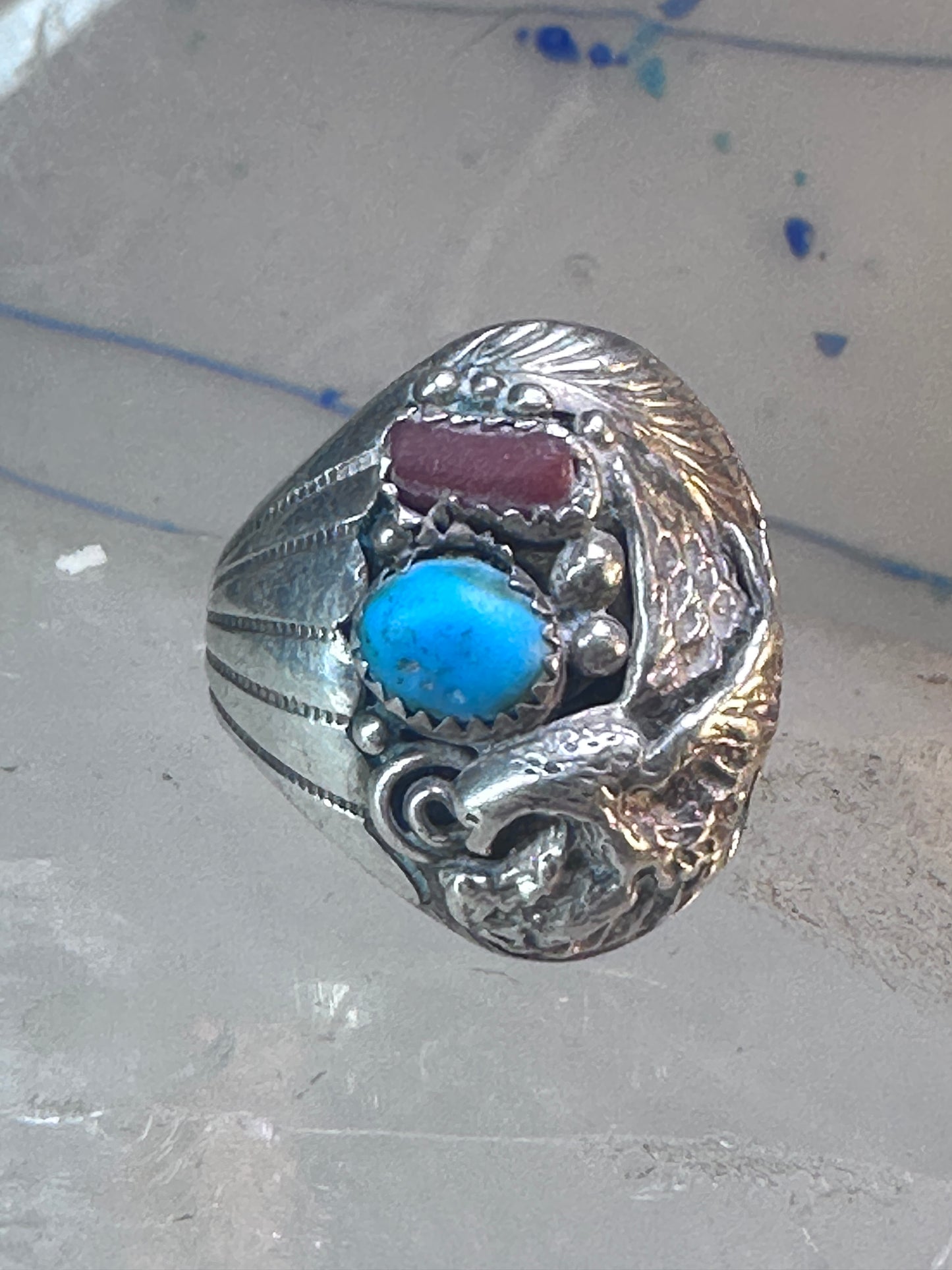 Eagle ring southwest turquoise coral southwest sterling silver size 11.75 women men