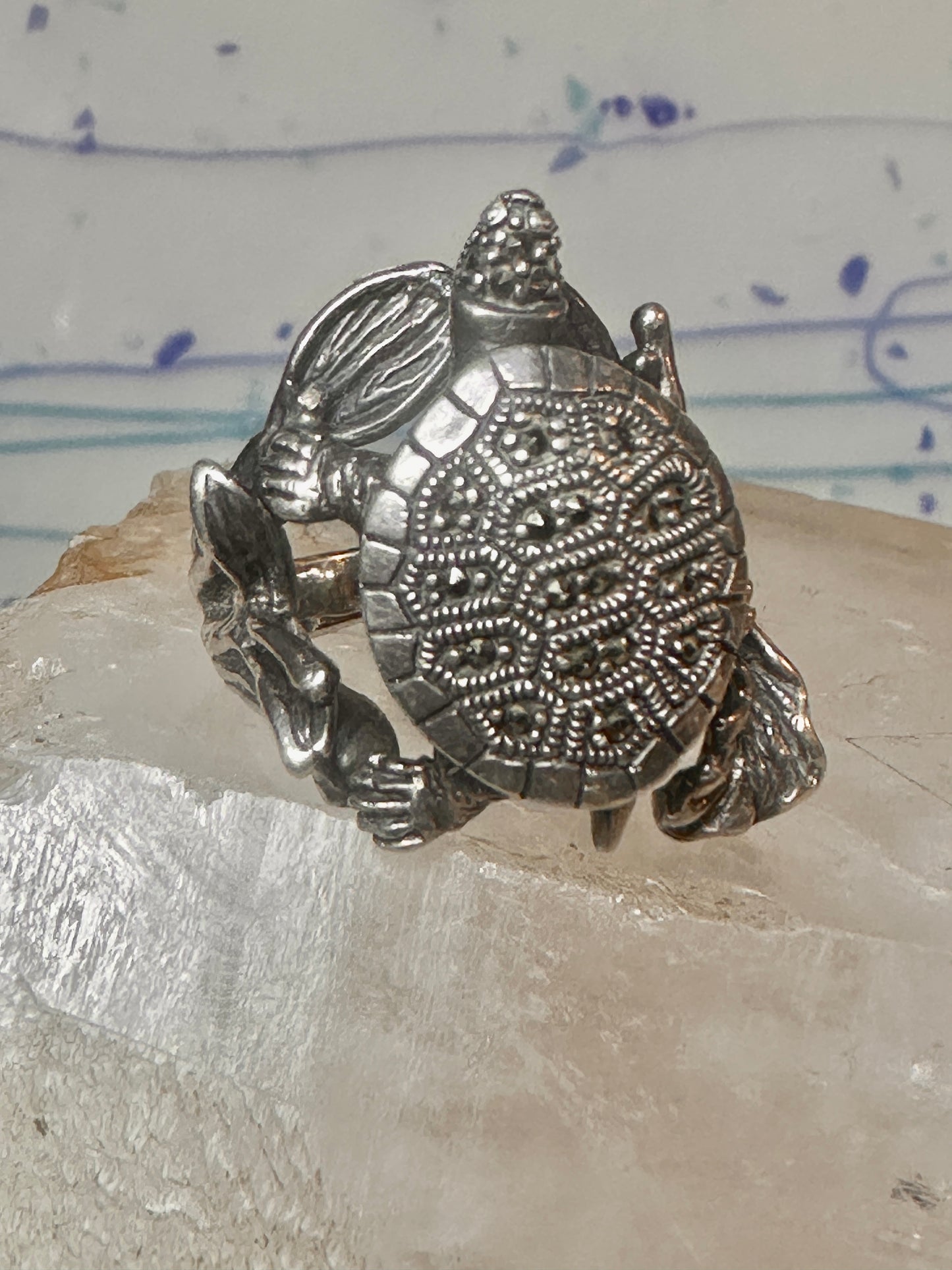 Turtle ring marcasites band size 7.25 sterling silver women
