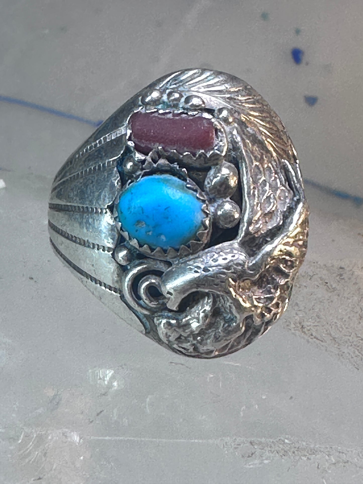 Eagle ring southwest turquoise coral southwest sterling silver size 11.75 women men