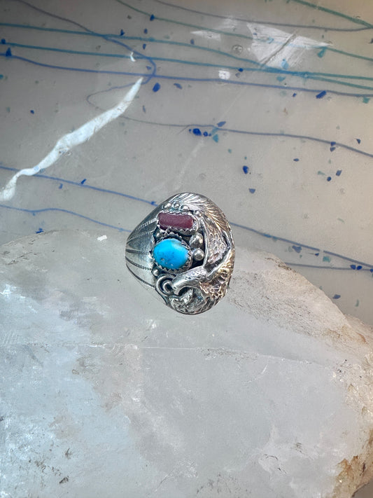 Eagle ring southwest turquoise coral southwest sterling silver size 11.75 women men
