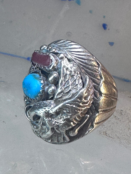 Eagle ring southwest turquoise coral southwest sterling silver size 11.75 women men