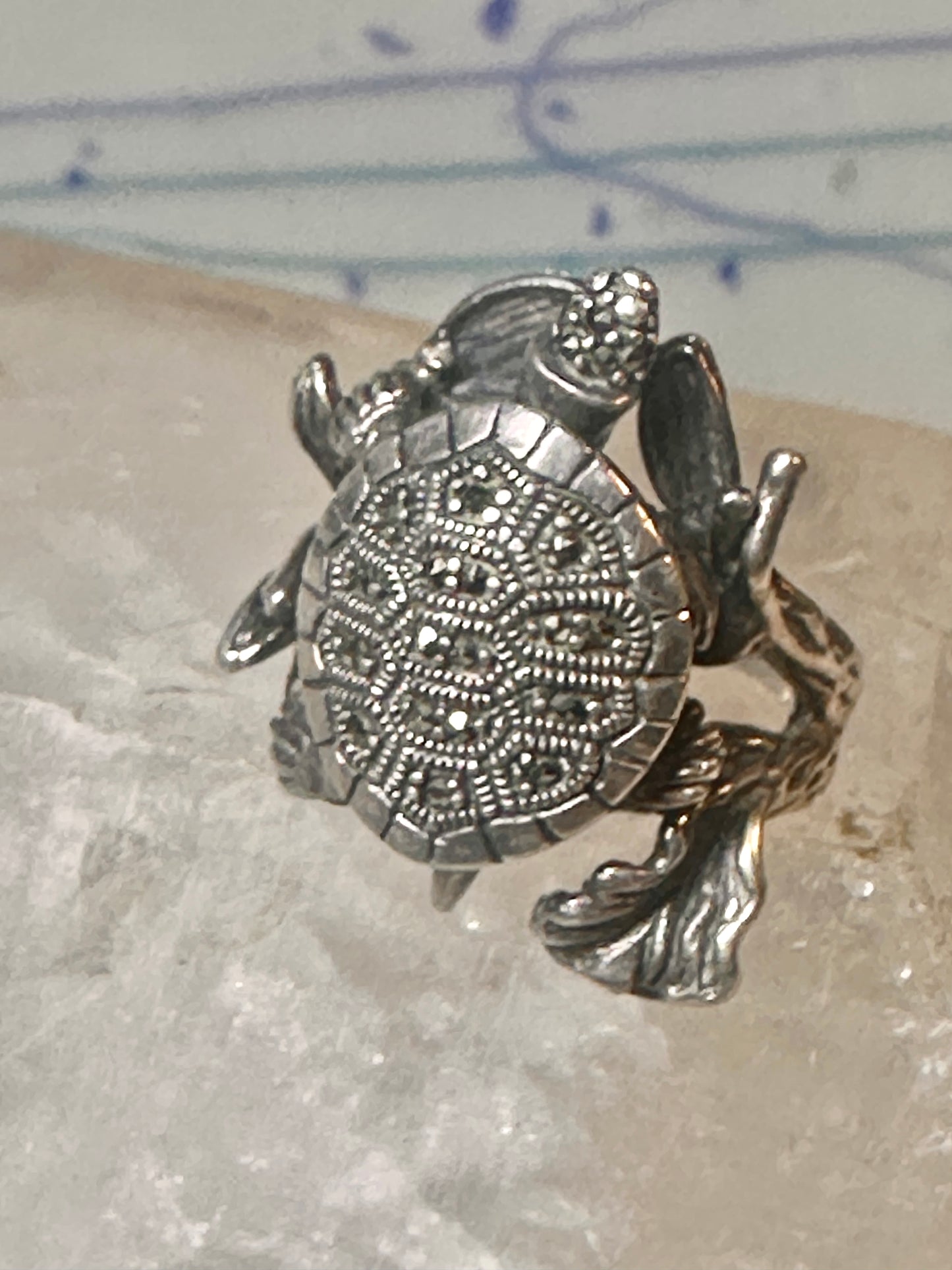 Turtle ring marcasites band size 7.25 sterling silver women