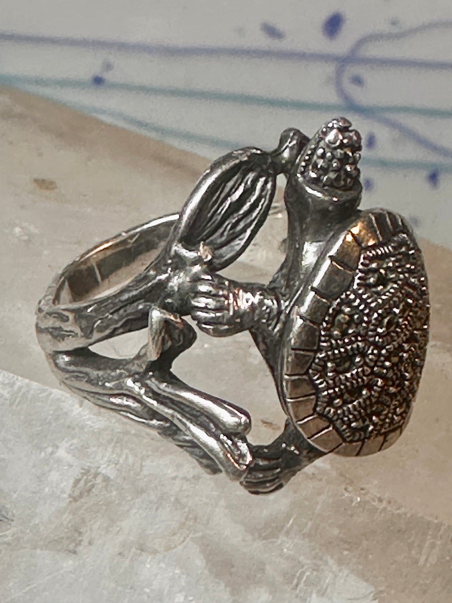 Turtle ring marcasites band size 7.25 sterling silver women