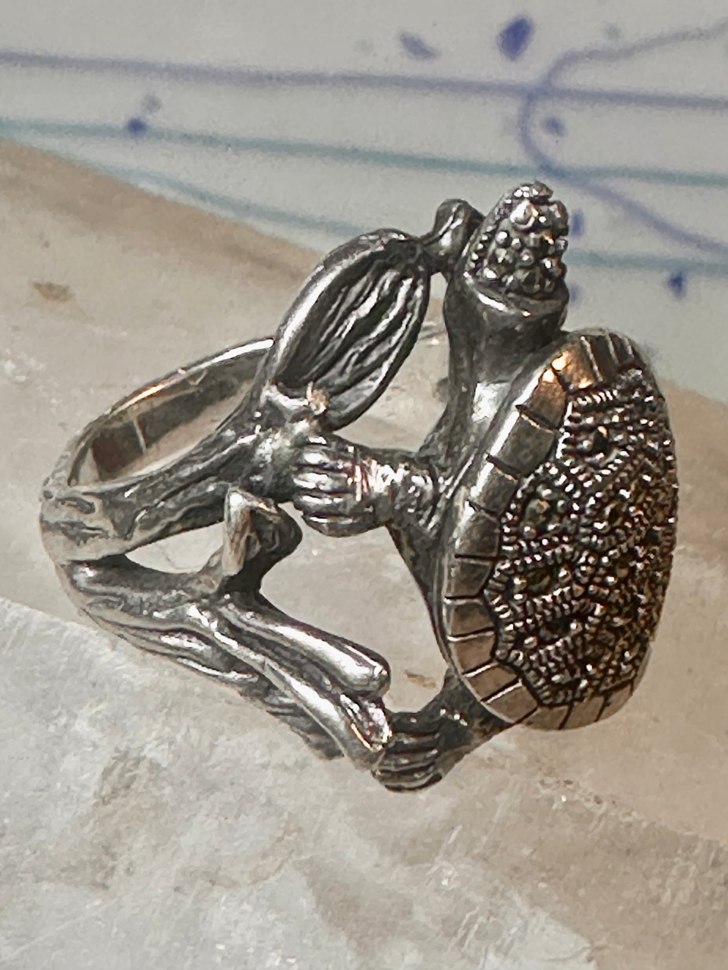 Turtle ring marcasites band size 7.25 sterling silver women