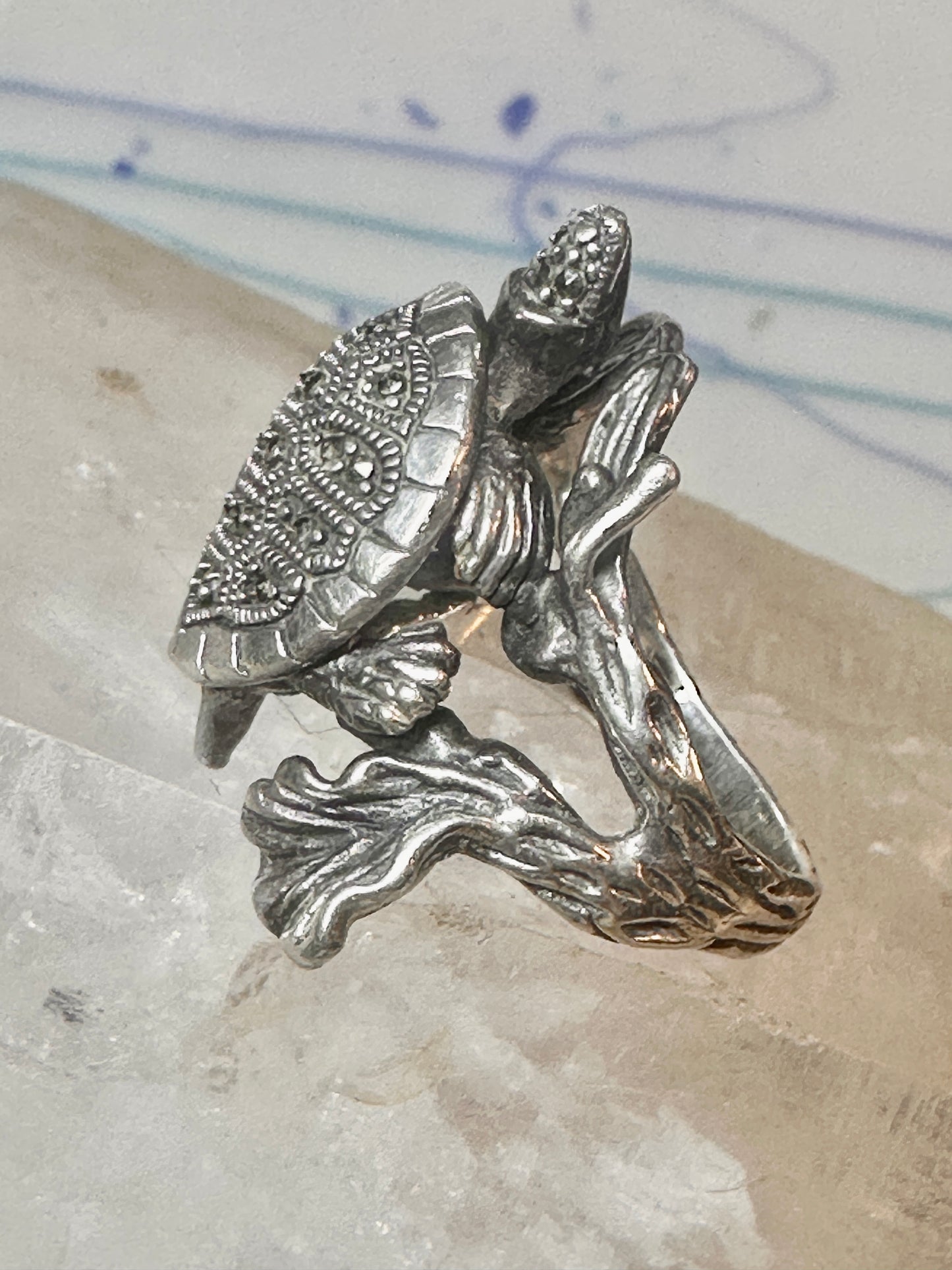 Turtle ring marcasites band size 7.25 sterling silver women