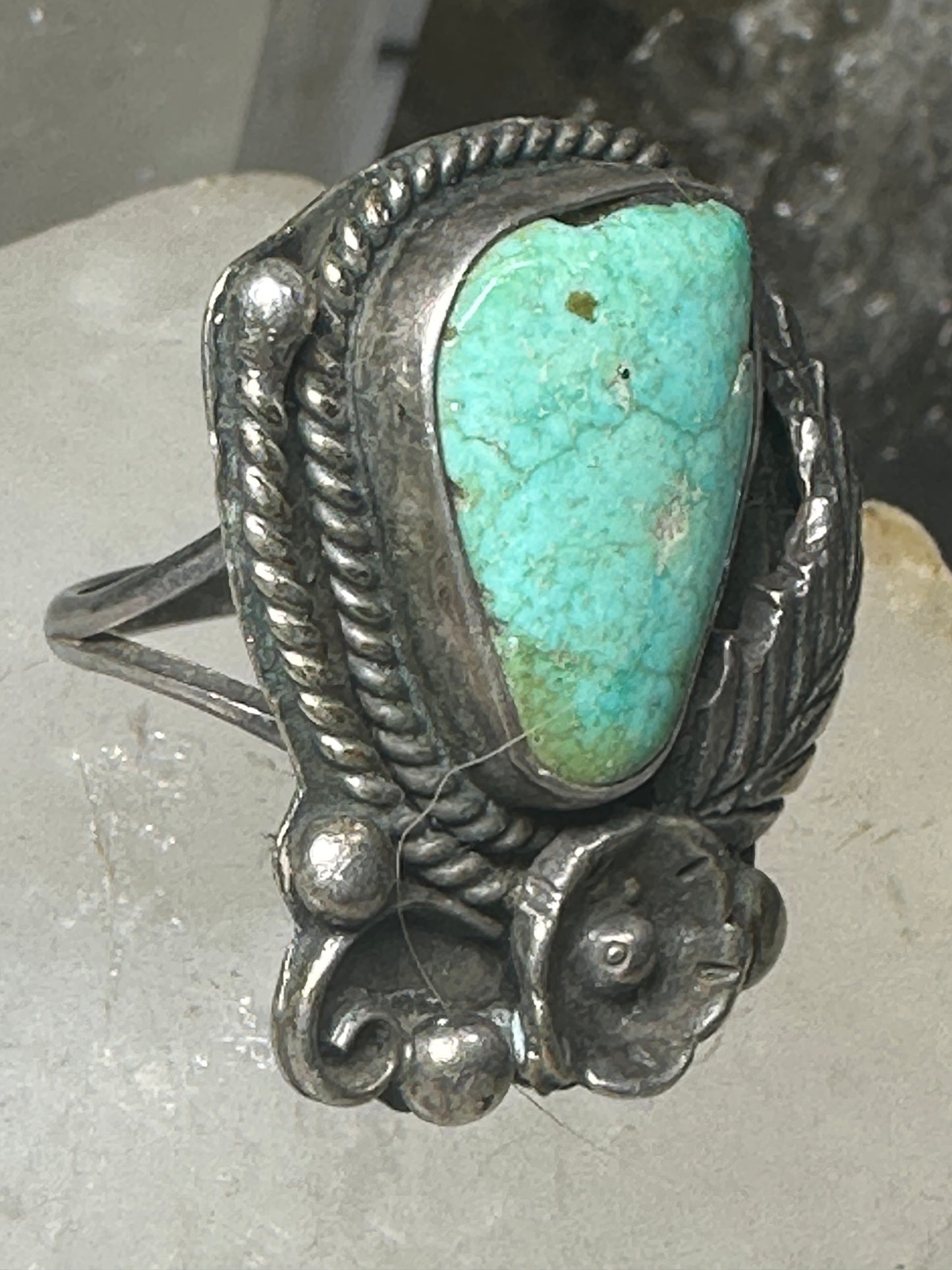 Turquoise ring size 8.50 Navajo squash blossom southwest long sterling silver  women
