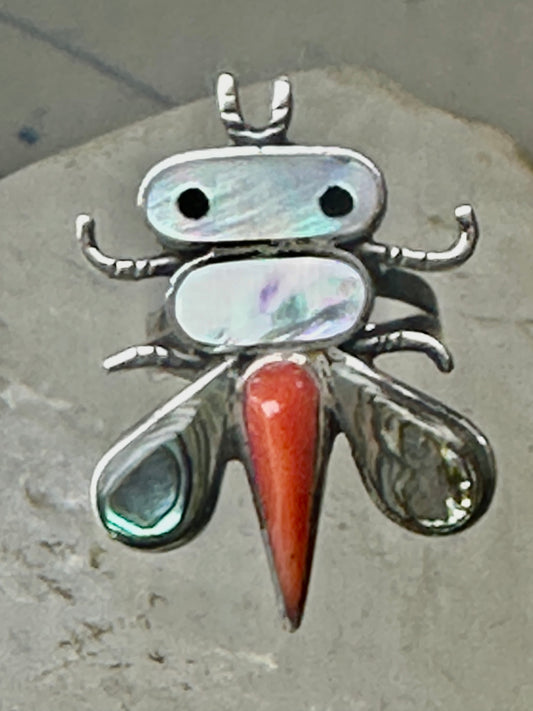 Dragonfly ring Native American Abalone coral MOP band size 4.7 sterling silver women girls