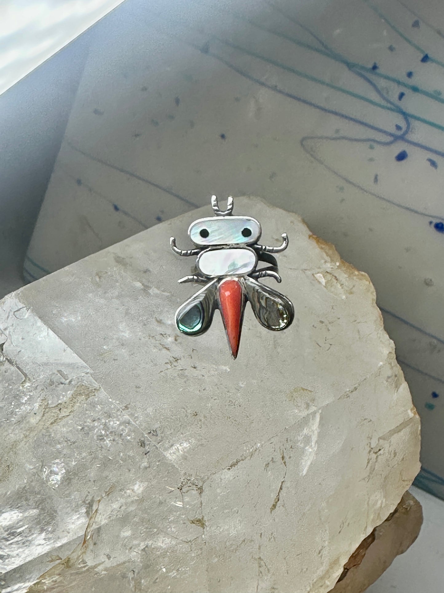 Dragonfly ring Native American Abalone coral MOP band size 4.7 sterling silver women girls