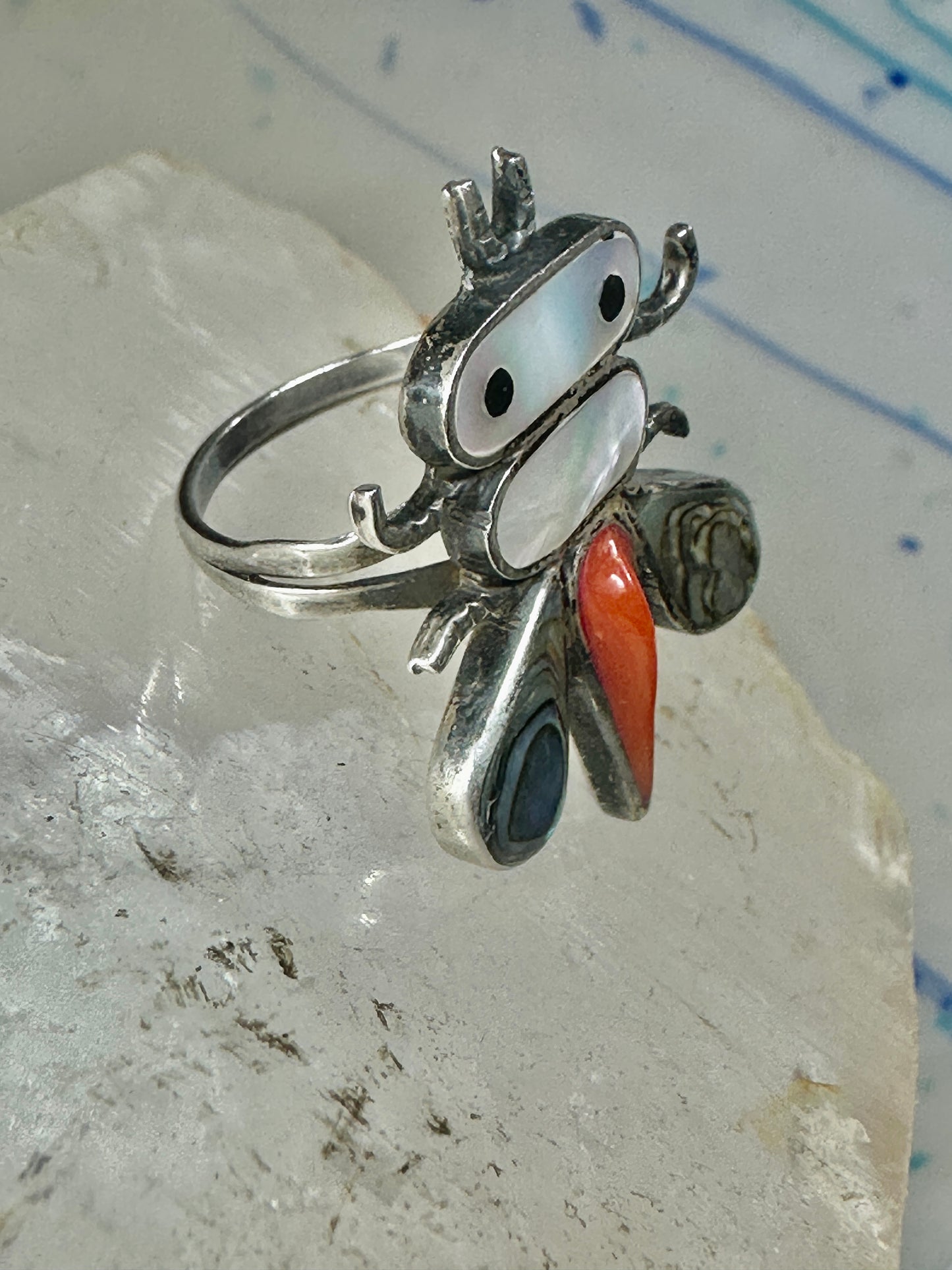 Dragonfly ring Native American Abalone coral MOP band size 4.7 sterling silver women girls