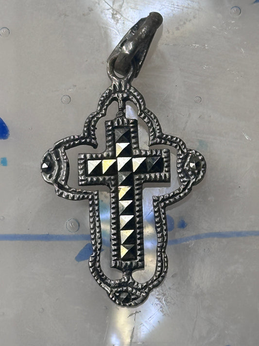 Vintage Cross Pendant sterling silver marcasite marcasite bail religious women