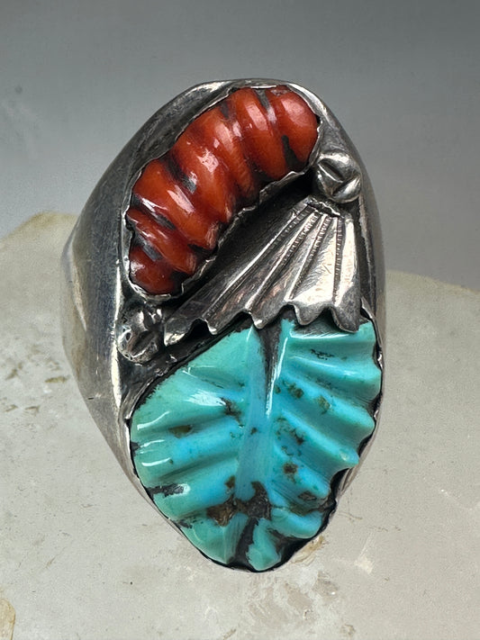 Navajo ring turquoise carved leaves coral size 14.25 Sterling Silver women men