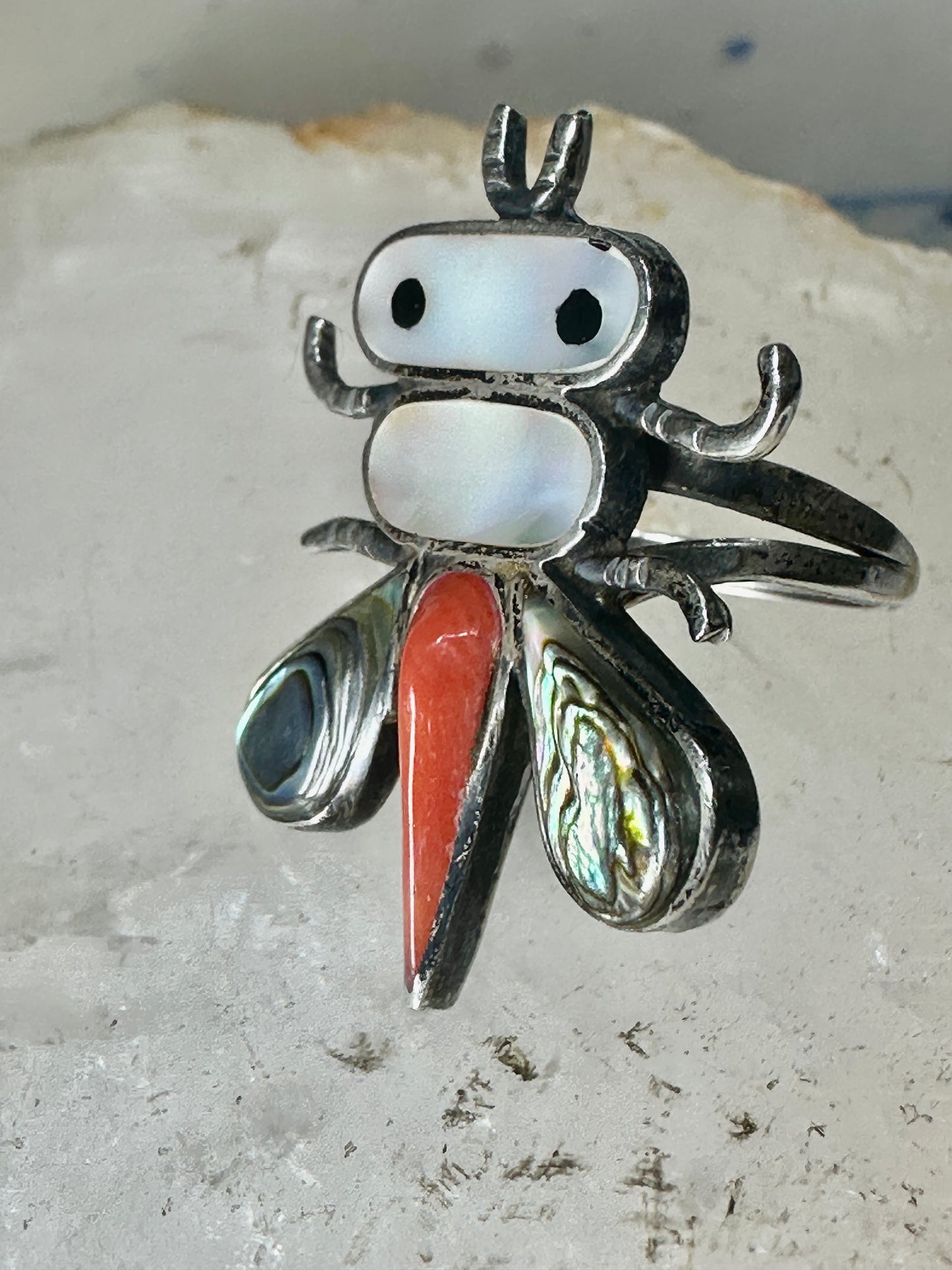 Dragonfly ring Native American Abalone coral MOP band size 4.7 sterling silver women girls