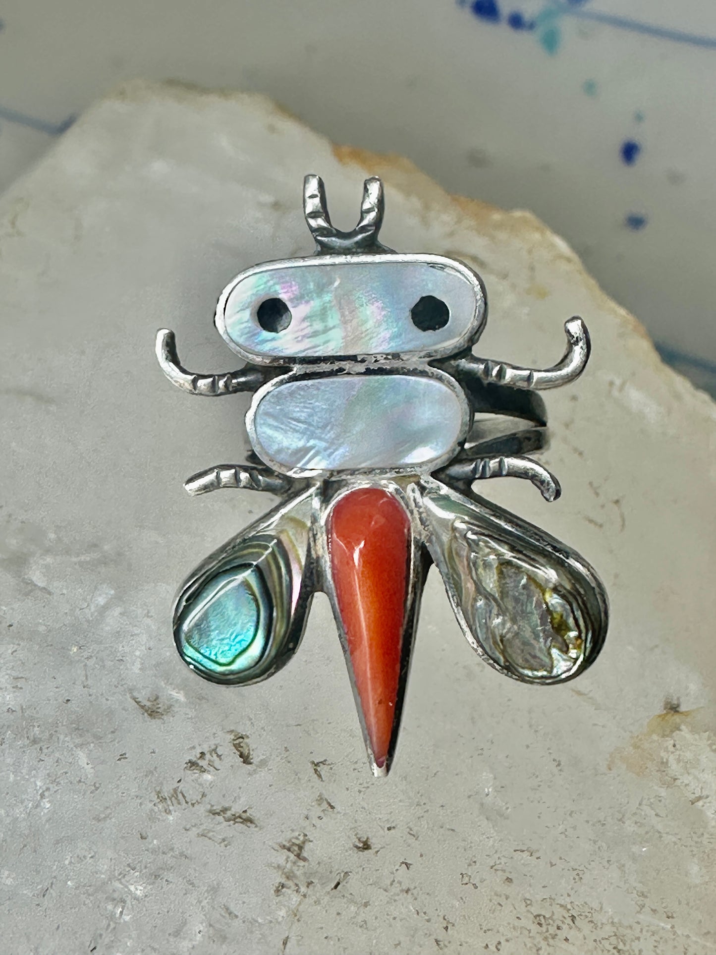 Dragonfly ring Native American Abalone coral MOP band size 4.7 sterling silver women girls