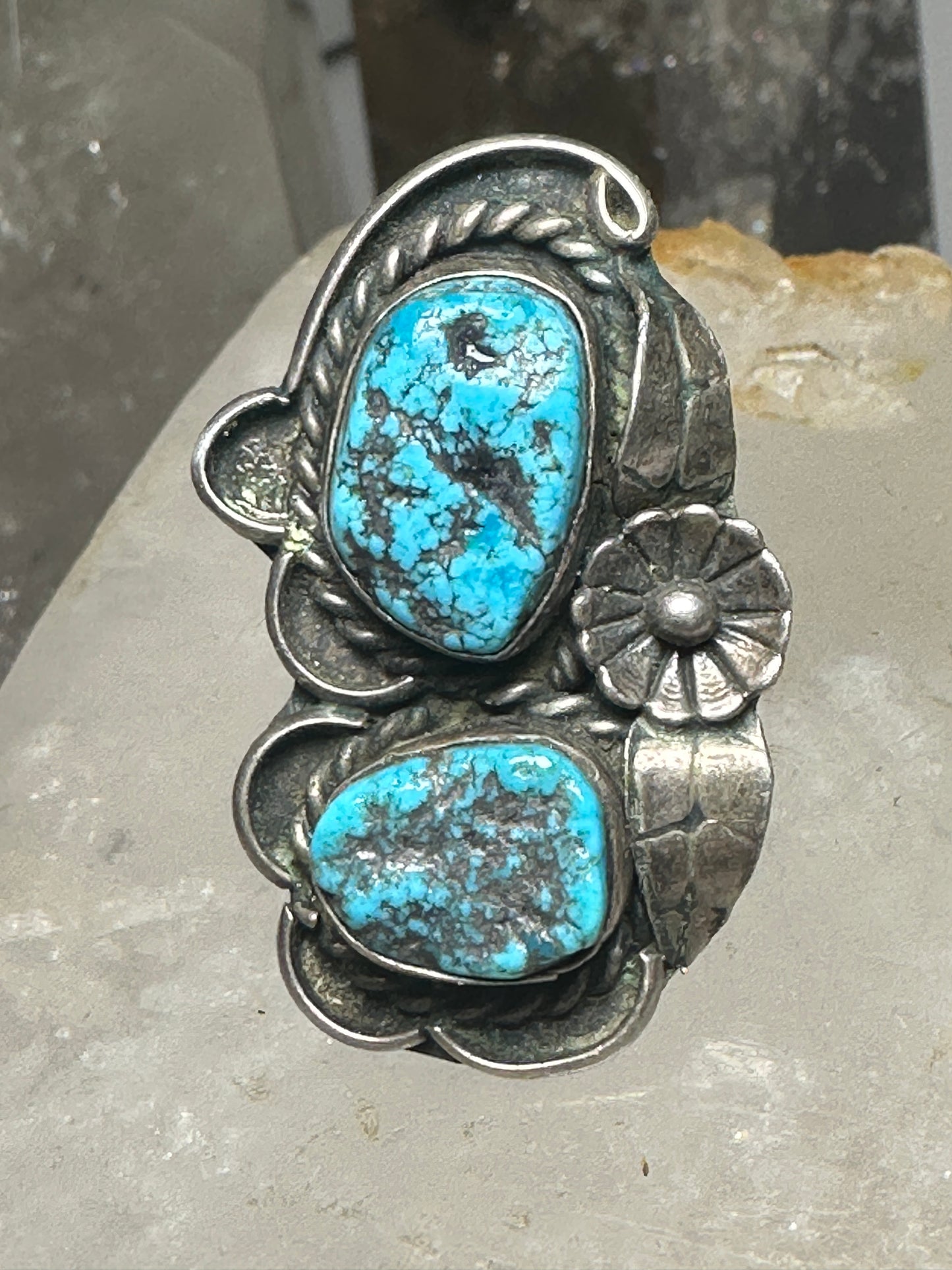 Turquoise ring size 7 Navajo squash blossom design southwest long sterling silver  women