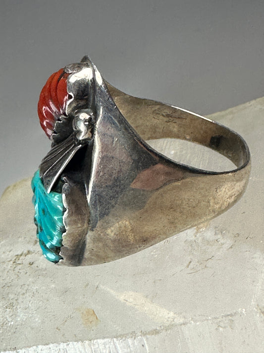 Navajo ring turquoise carved leaves coral size 14.25 Sterling Silver women men