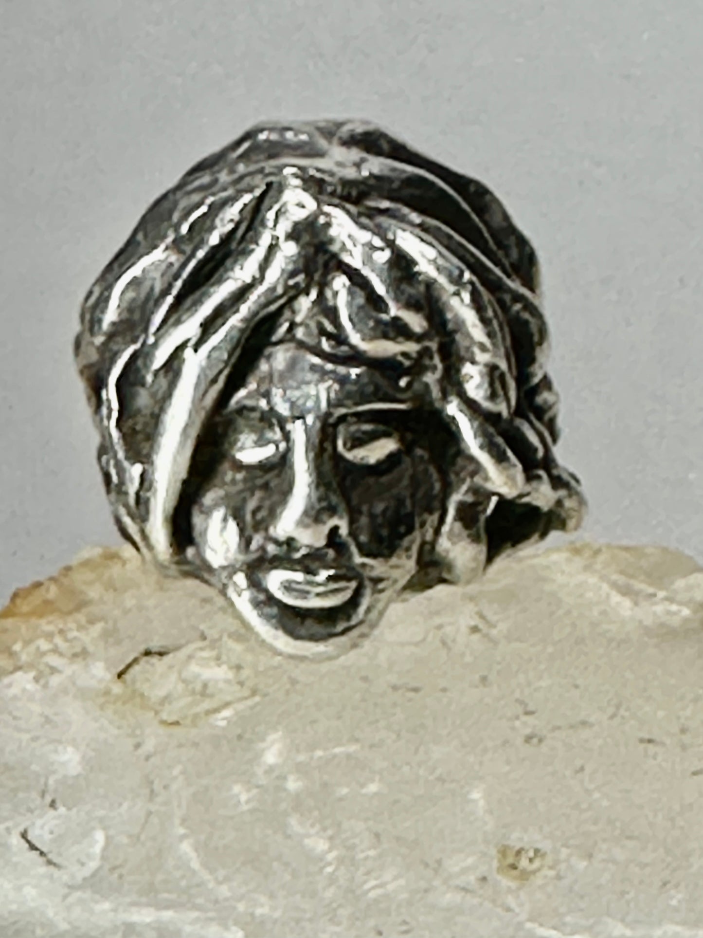 Face ring punk figurative long hair Size 6.75 Sterling Silver women girls