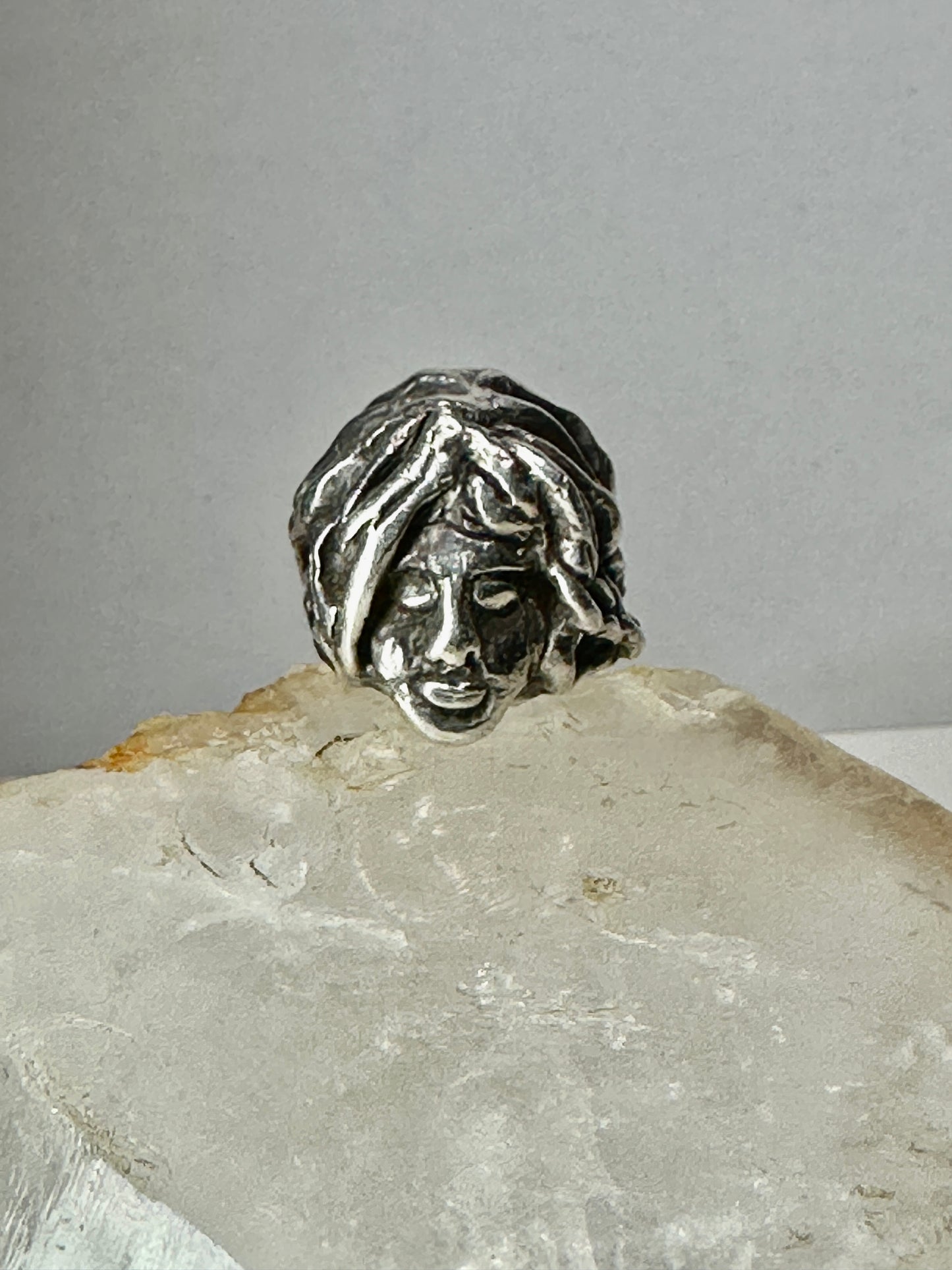 Face ring punk figurative long hair Size 6.75 Sterling Silver women girls