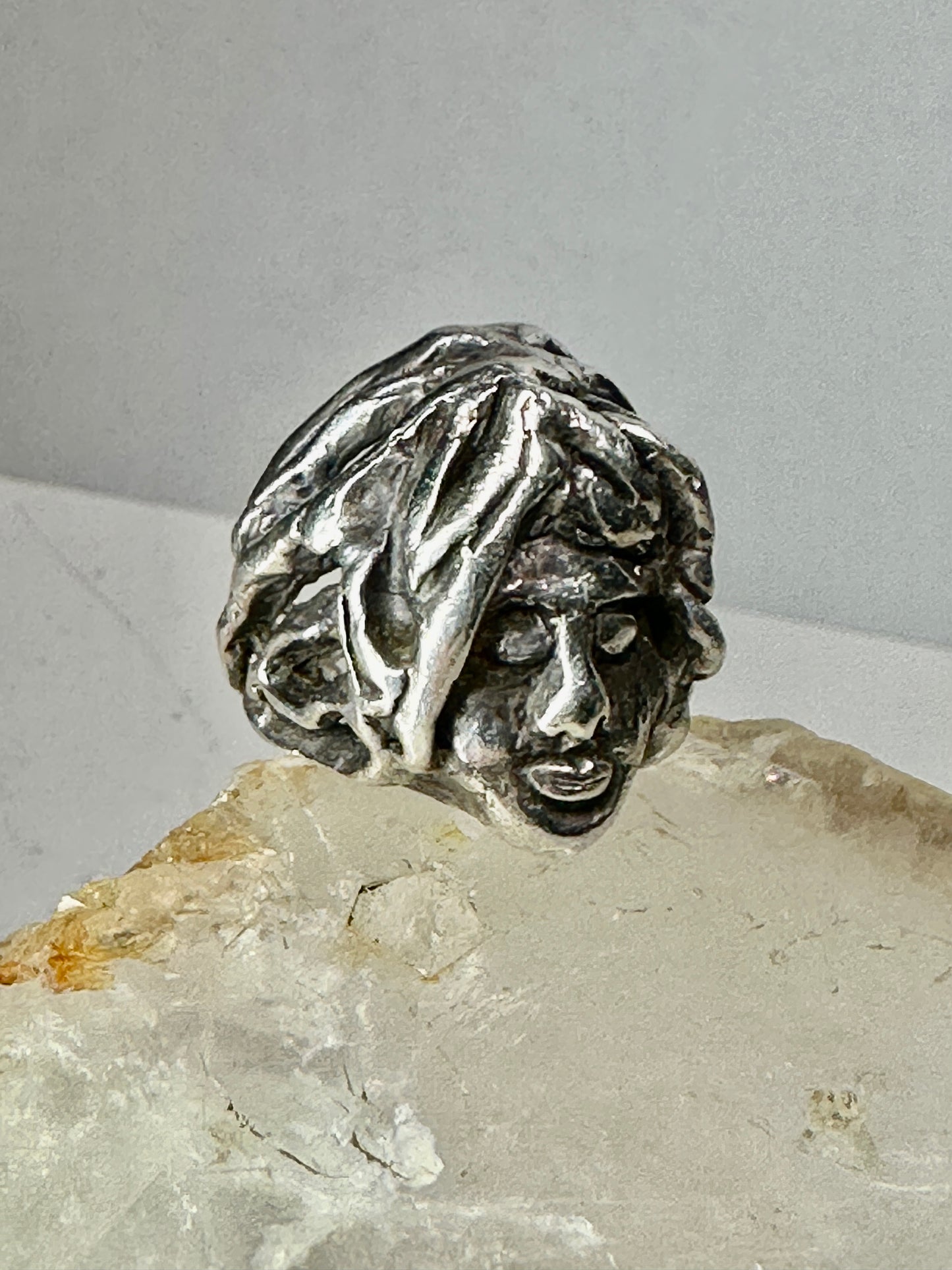 Face ring punk figurative long hair Size 6.75 Sterling Silver women girls