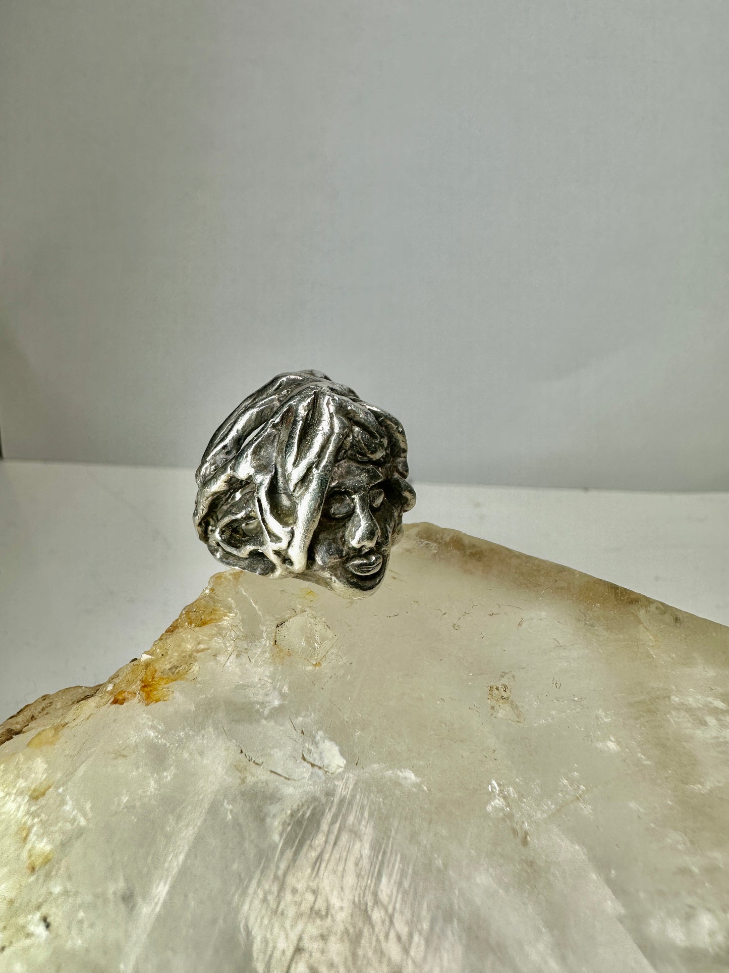 Face ring punk figurative long hair Size 6.75 Sterling Silver women girls