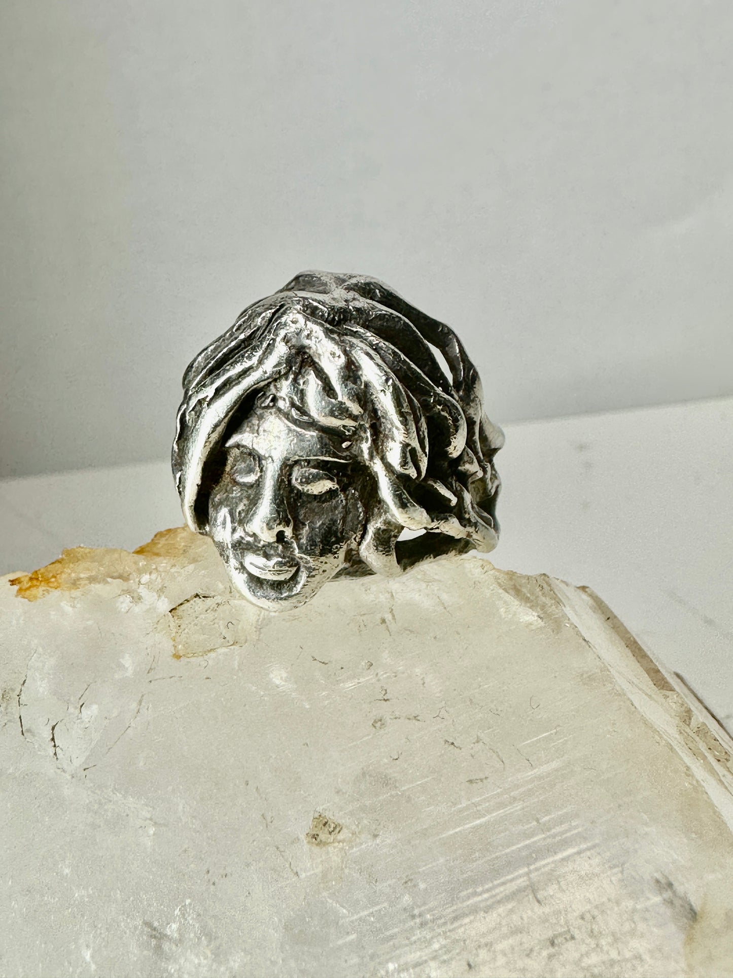 Face ring punk figurative long hair Size 6.75 Sterling Silver women girls