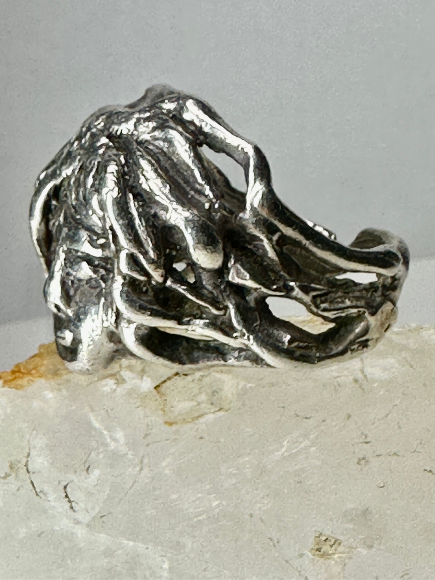 Face ring punk figurative long hair Size 6.75 Sterling Silver women girls