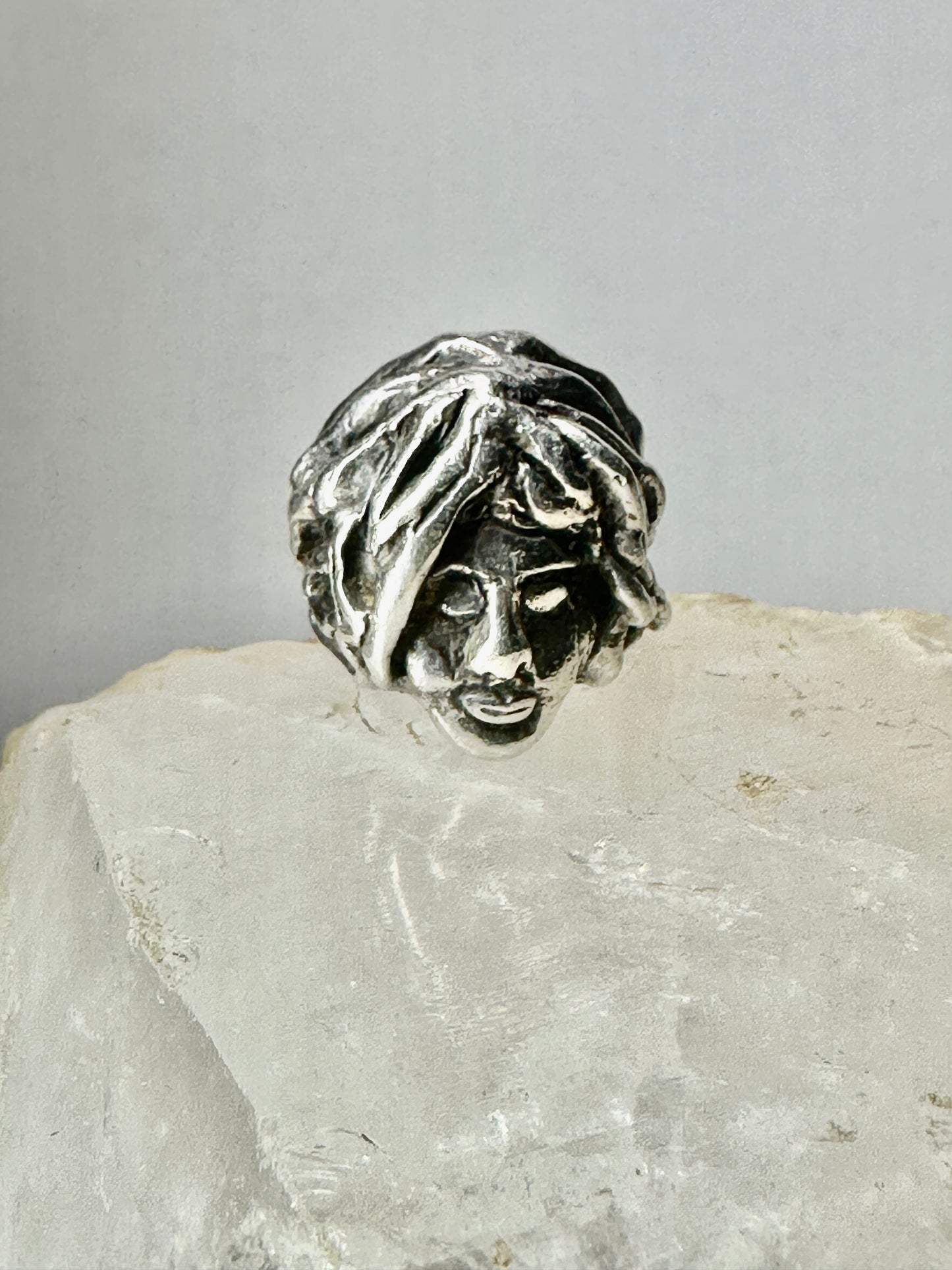 Face ring punk figurative long hair Size 6.75 Sterling Silver women girls