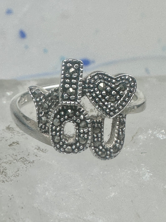Vintage Sterling Silver Marcasite "I Love You" Script Ring Size 9