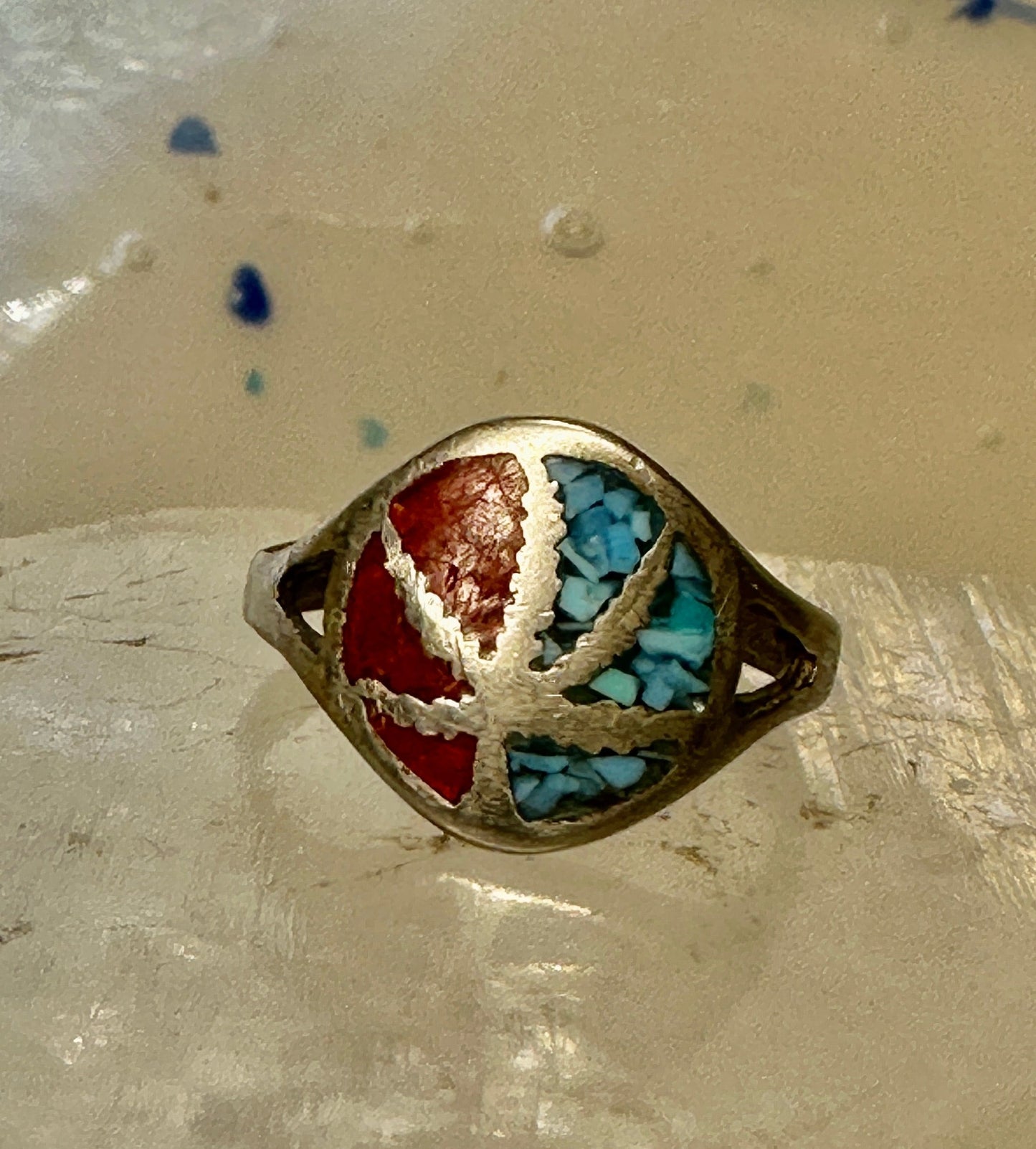 Marijuana leaf ring size 5.75 turquoise chips coral sterling silver women