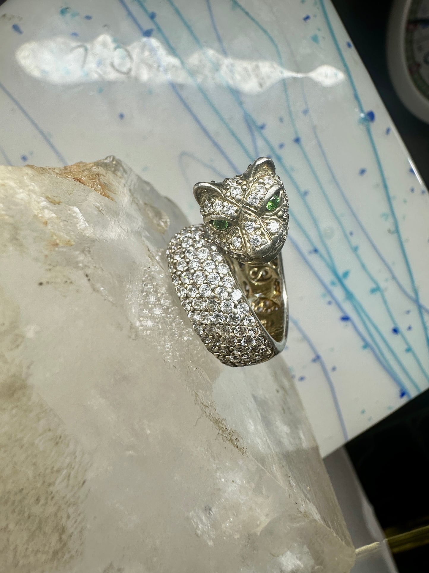 Sonia Bitton ring Big cat CZ green eyes band size 5.7 sterling silver women girls