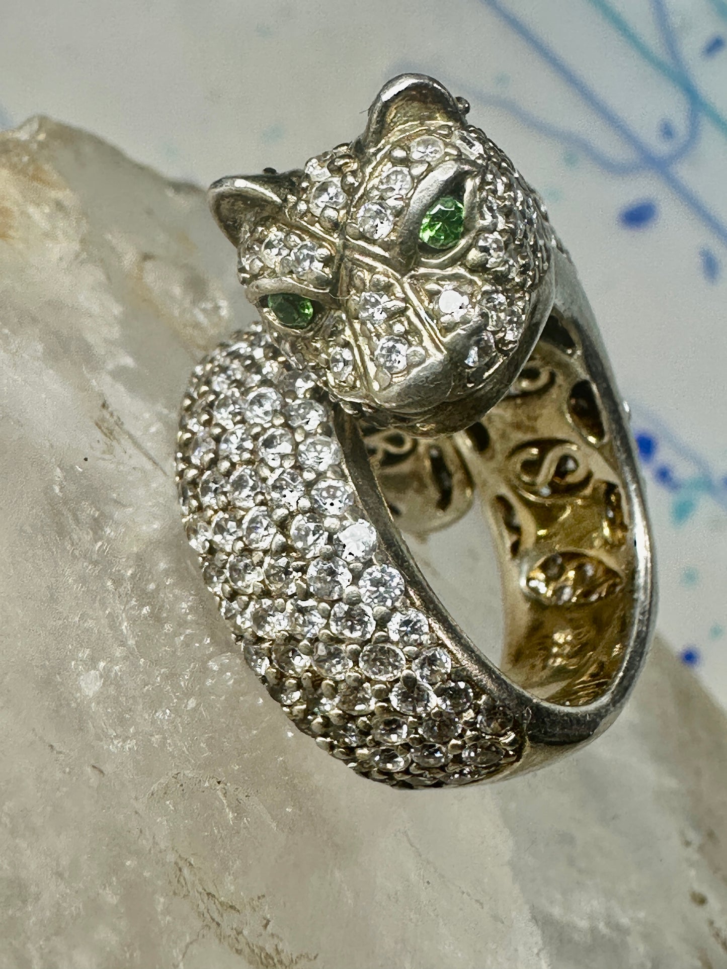 Sonia Bitton ring Big cat CZ green eyes band size 5.7 sterling silver women girls