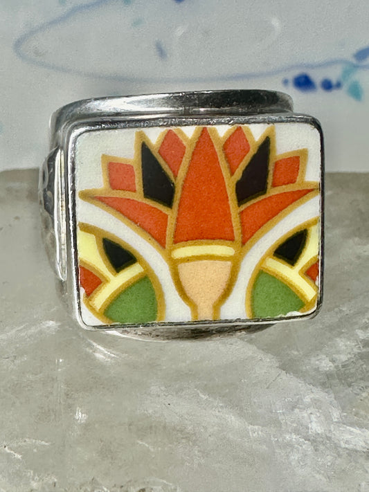 Maisels Trading Post Porcelain Tile Flower ring heavy Arrows band size 8.75 sterling silver women girls