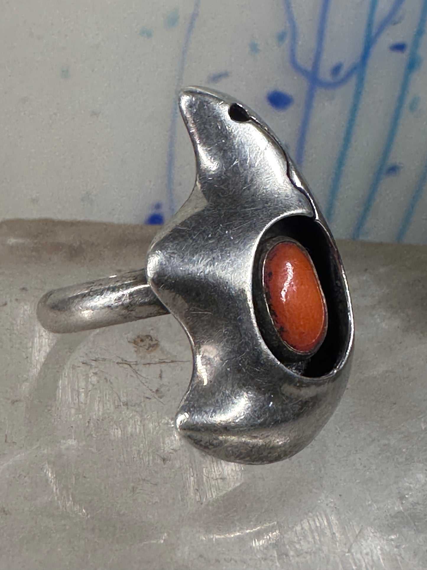 Bear ring Coral band Size 6 Southwest tribal Sterling Silver women