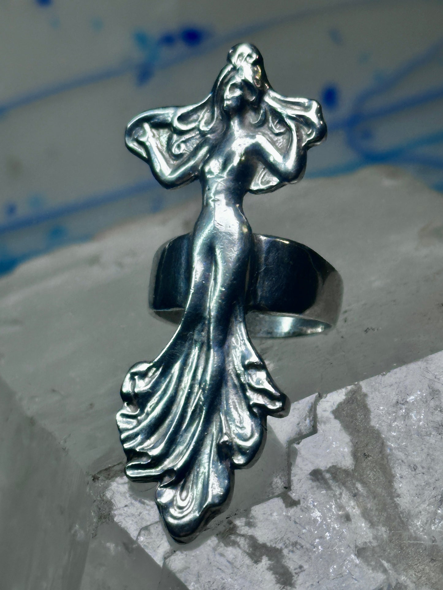Dancing woman ring long figurative size 7 sterling silver women