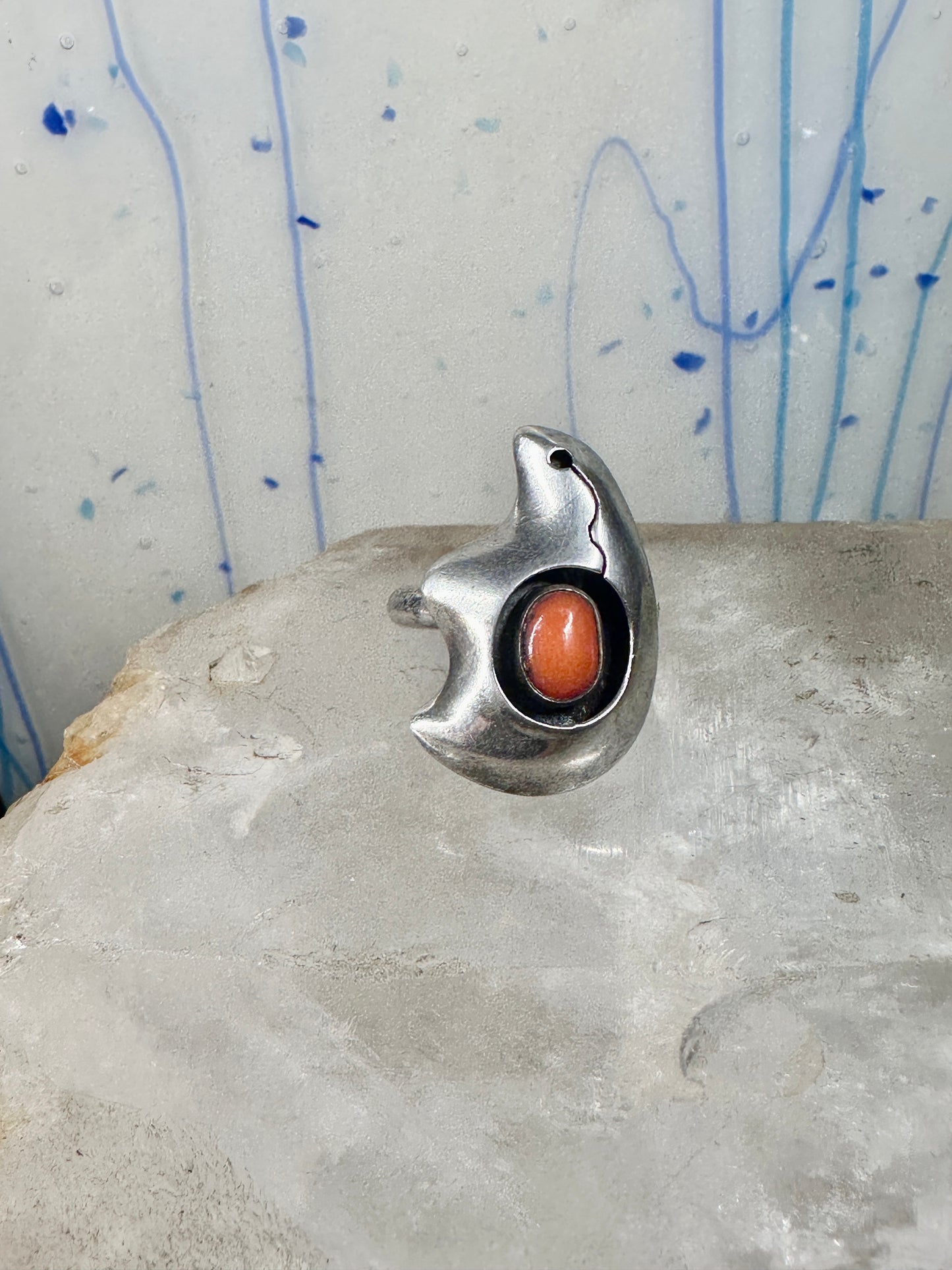 Bear ring Coral band Size 6 Southwest tribal Sterling Silver women