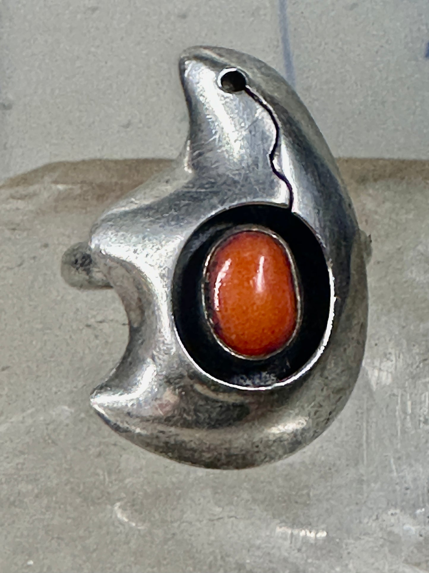 Bear ring Coral band Size 6 Southwest tribal Sterling Silver women