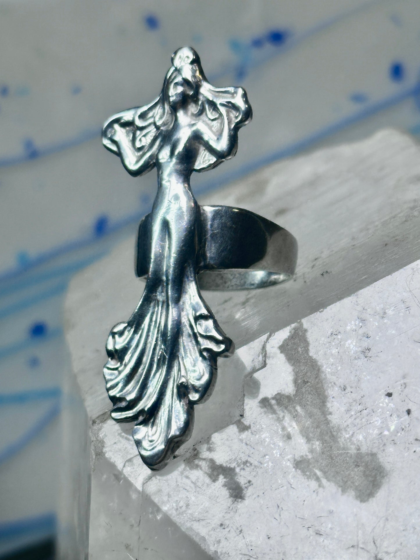 Dancing woman ring long figurative size 7 sterling silver women