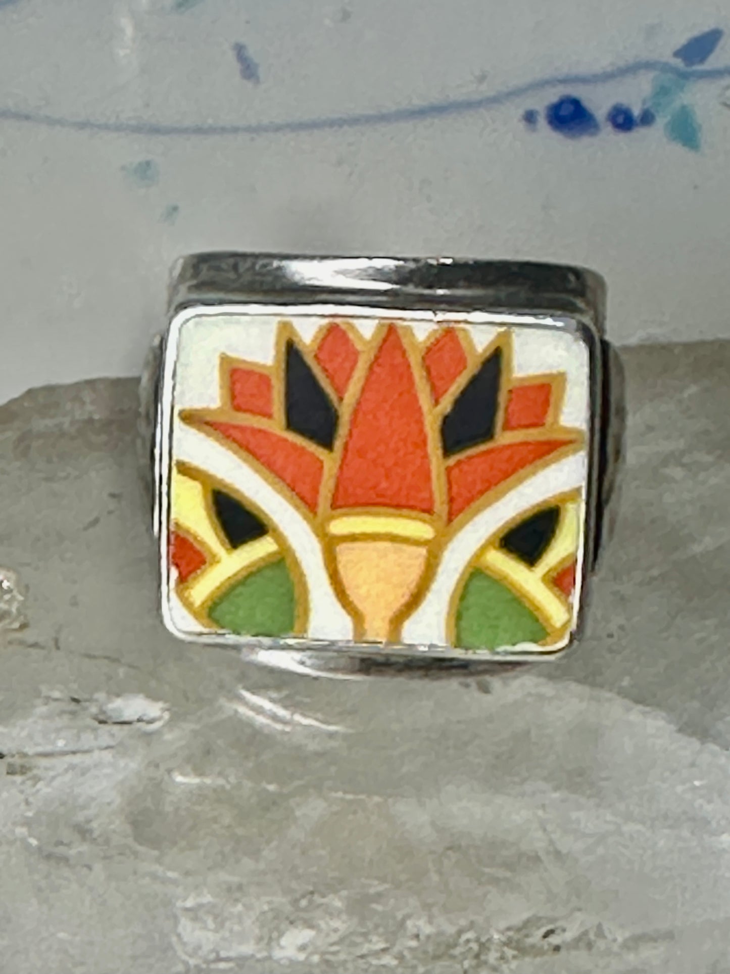 Maisels Trading Post Porcelain Tile Flower ring heavy Arrows band size 8.75 sterling silver women girls