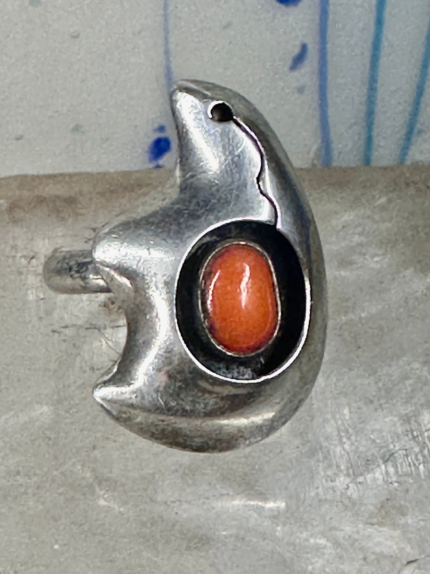 Bear ring Coral band Size 6 Southwest tribal Sterling Silver women