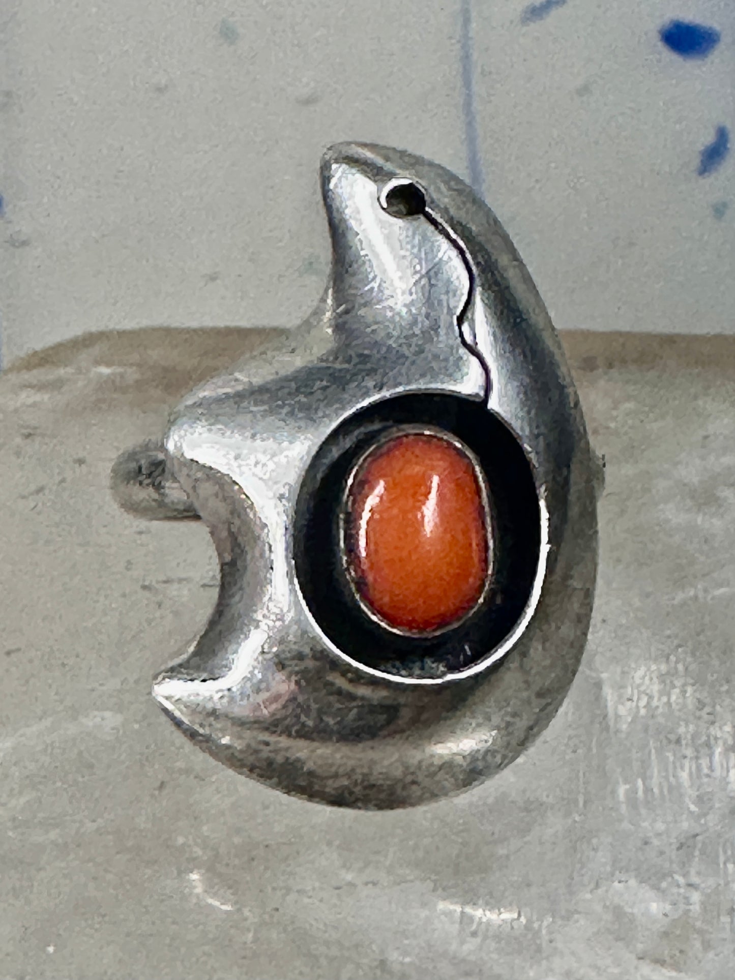 Bear ring Coral band Size 6 Southwest tribal Sterling Silver women
