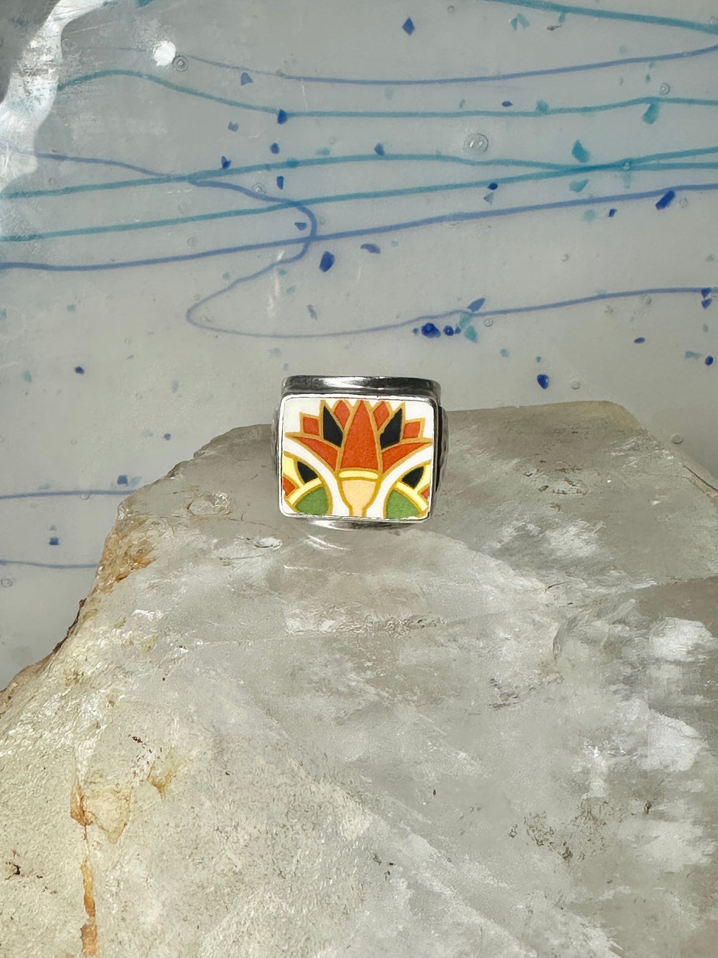 Maisels Trading Post Porcelain Tile Flower ring heavy Arrows band size 8.75 sterling silver women girls