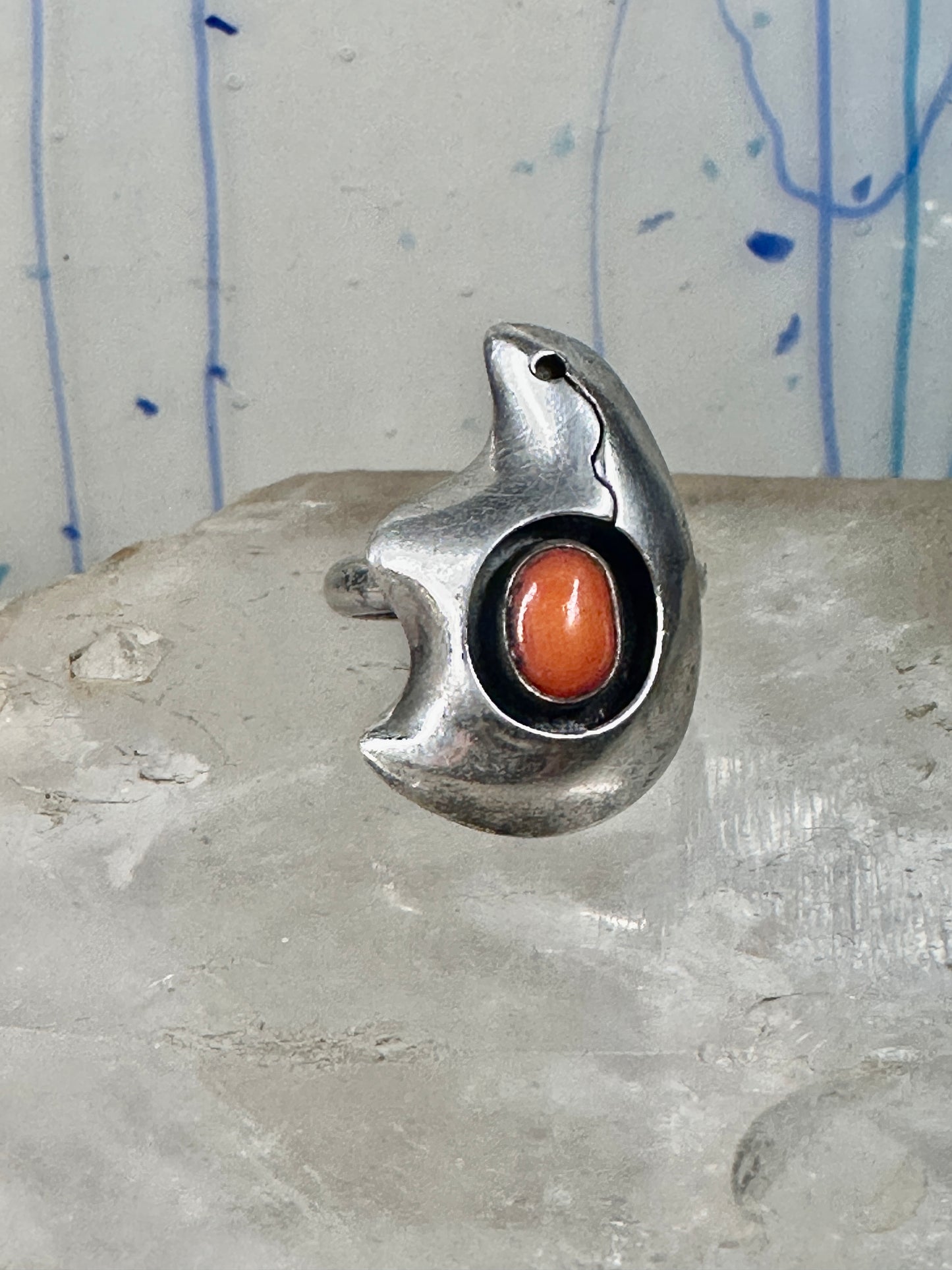 Bear ring Coral band Size 6 Southwest tribal Sterling Silver women