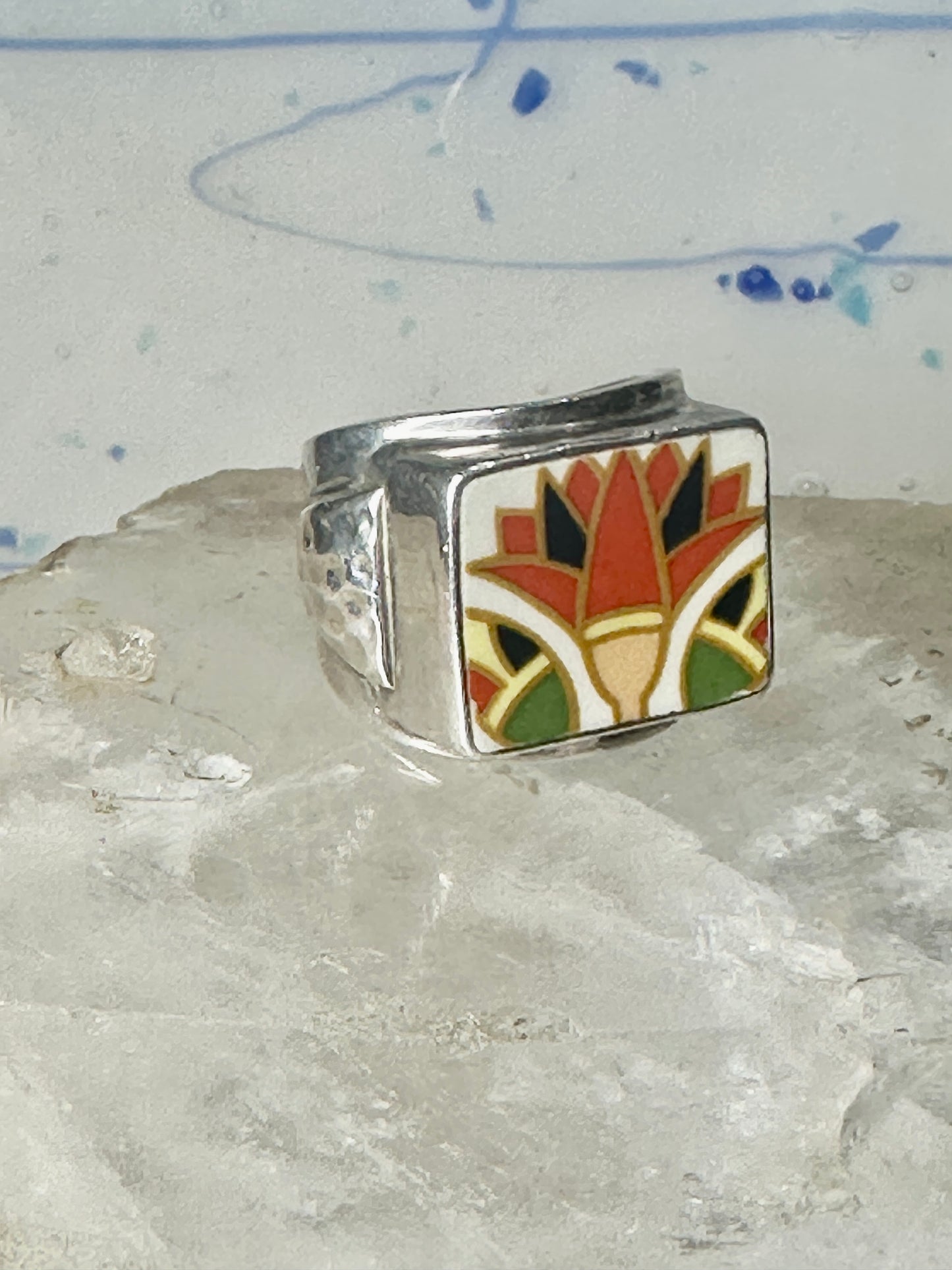 Maisels Trading Post Porcelain Tile Flower ring heavy Arrows band size 8.75 sterling silver women girls