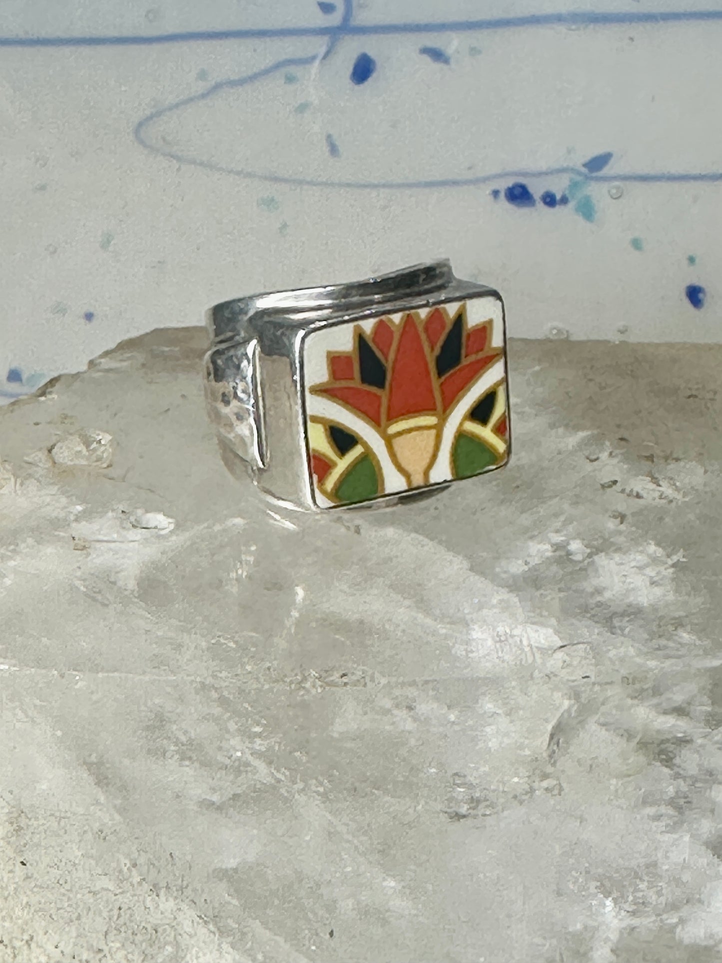 Maisels Trading Post Porcelain Tile Flower ring heavy Arrows band size 8.75 sterling silver women girls