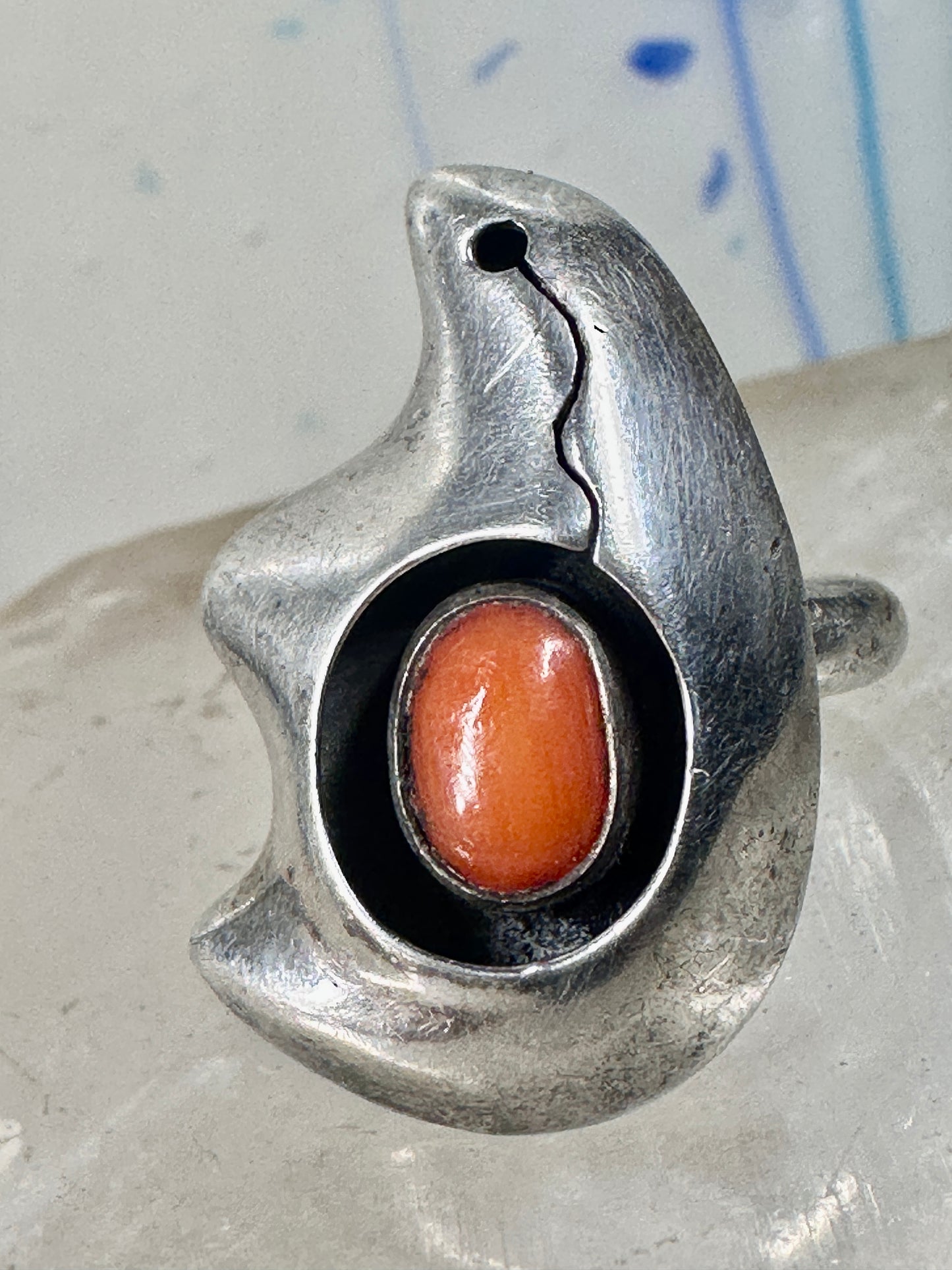 Bear ring Coral band Size 6 Southwest tribal Sterling Silver women
