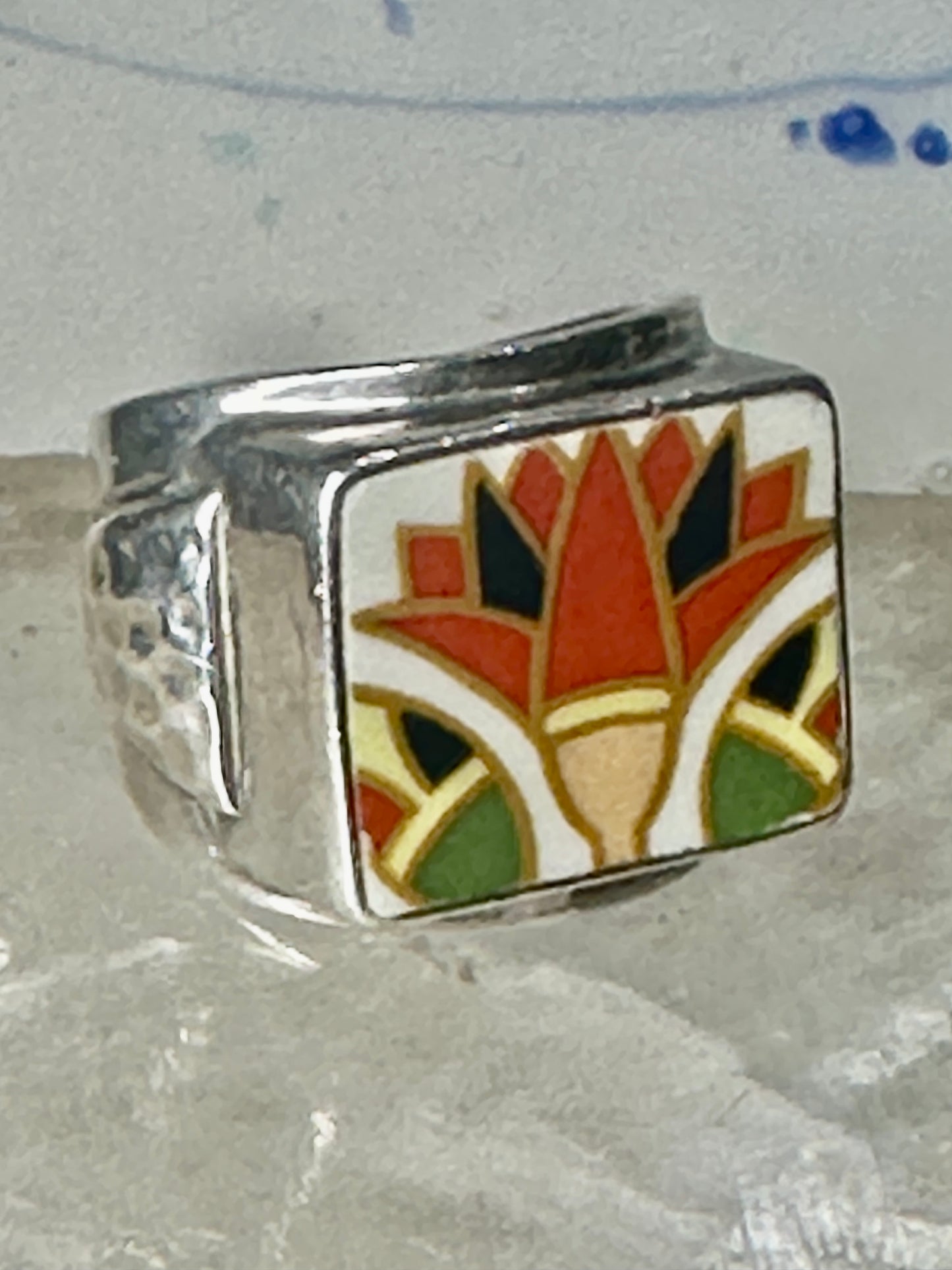 Maisels Trading Post Porcelain Tile Flower ring heavy Arrows band size 8.75 sterling silver women girls
